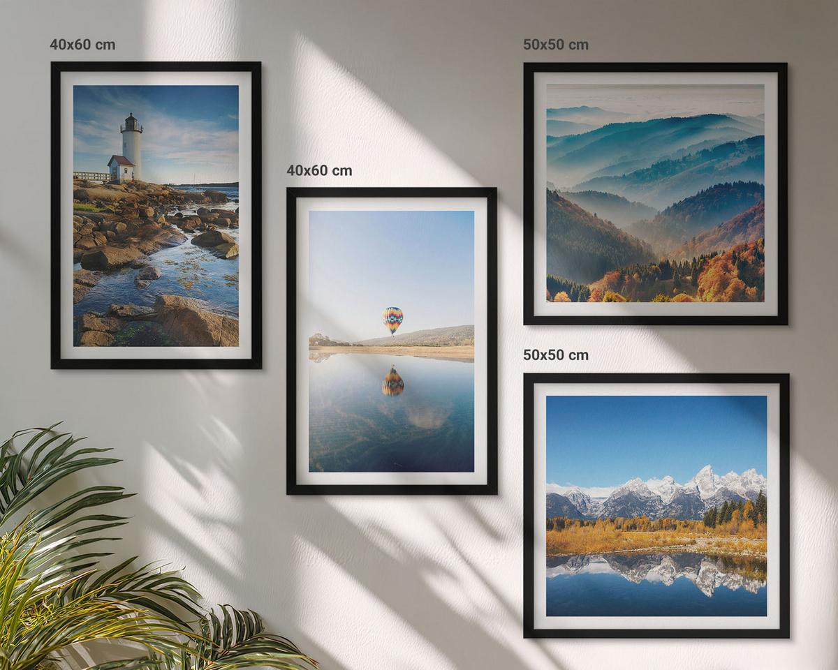 BILDER SET 4er Set - 50x50 cm & 40x60 cm Schwarzer Rahmen - Ausblicke auf die Natur, Leuchtturm, Berge - Schwarz, Kunststoff (50/50cm) - TULUP