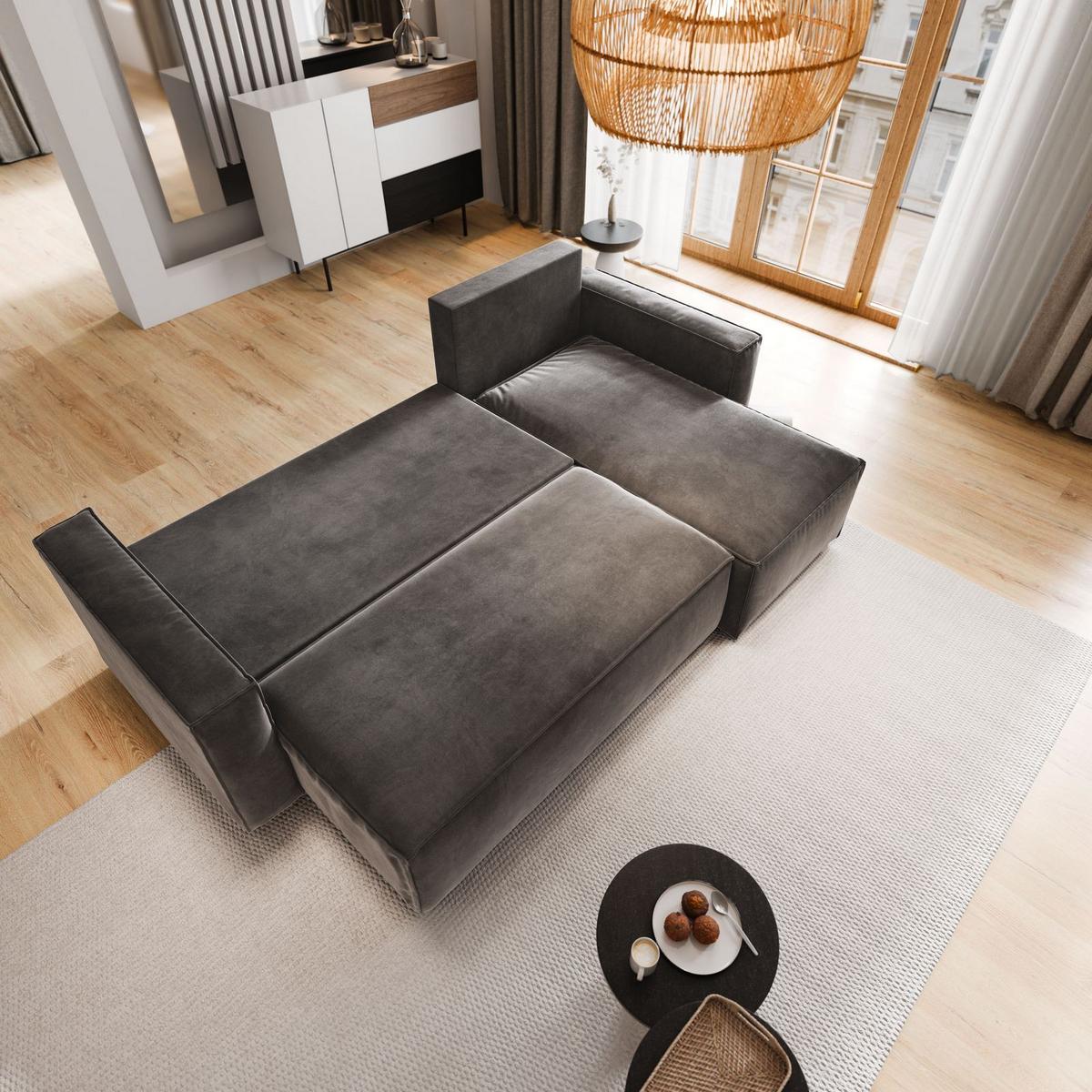 ECKSOFA SILES Grau Velours-Stoff mit Schlaffunktion - Grau, Holz/Kunststoff (230/140cm) - MASSENO