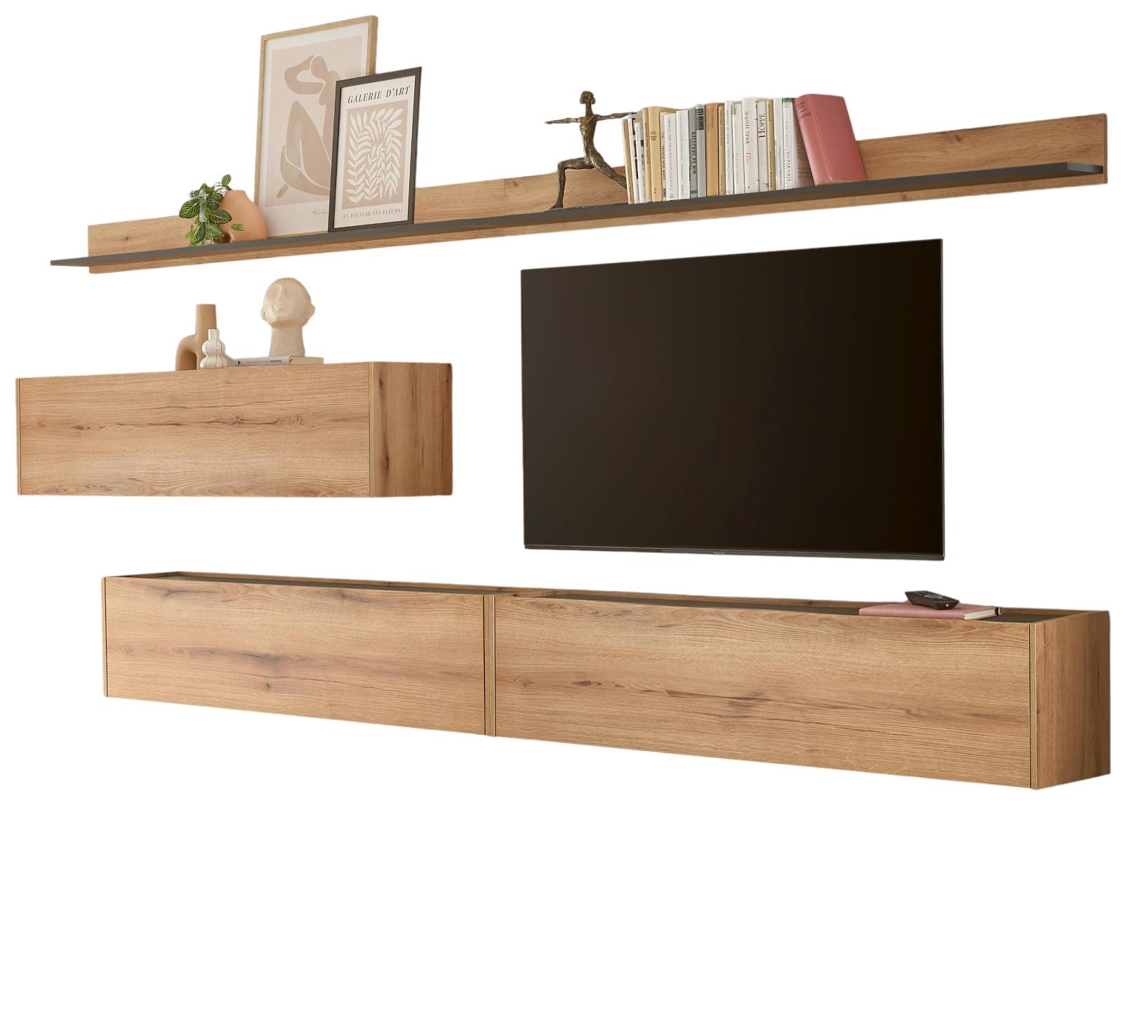 WOHNWAND Evoke Eiche, grau, Set 5-teilig mit XXL TV-Board, 340 cm - Eichefarben/Grau, Holz/Holzwerkstoff (340/180/30cm) - Furn.Design