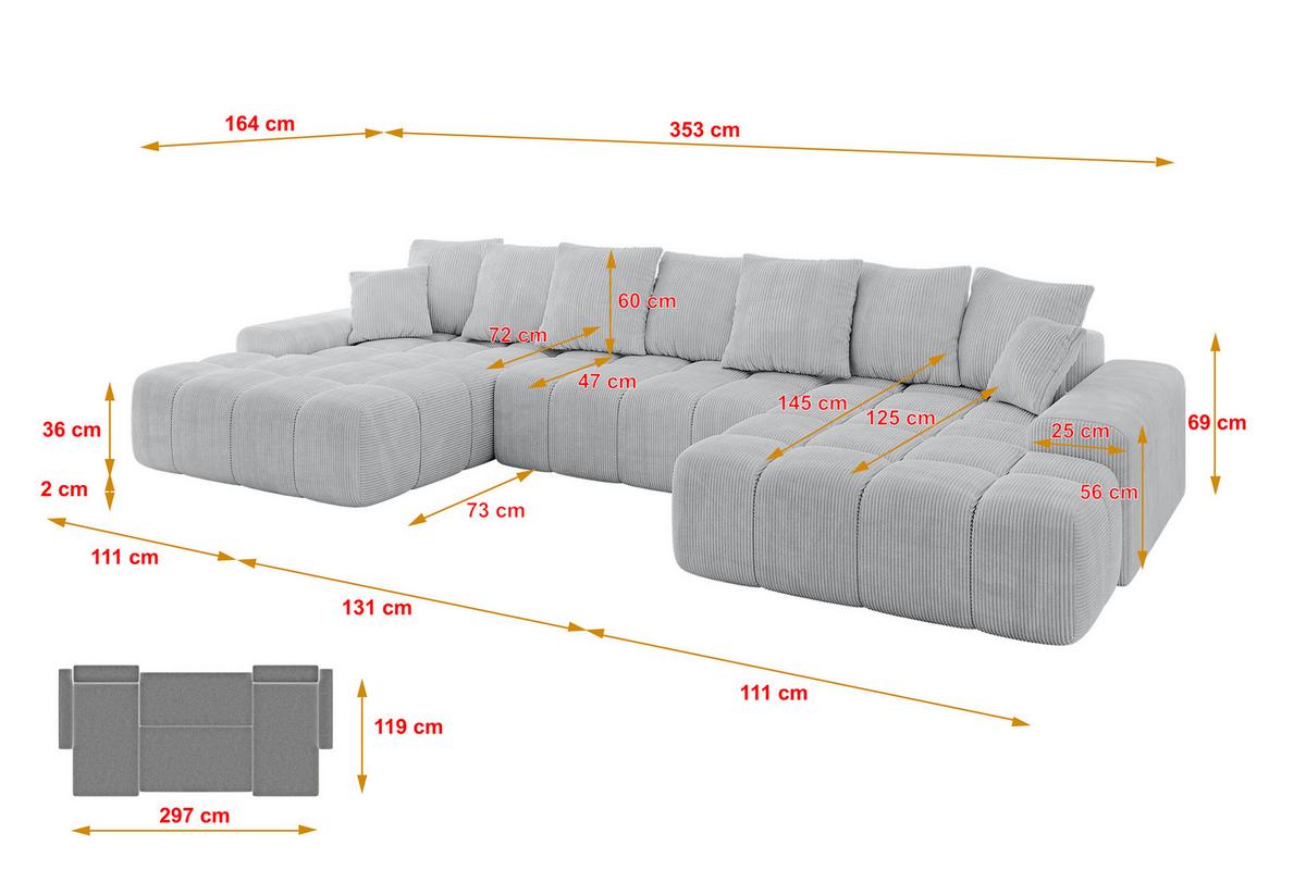 WOHNLANDSCHAFT ENSI-U - 353x164x69 cm Grau - Grau, Holzwerkstoff/Kunststoff (357/69/164cm) - ALTDECOR