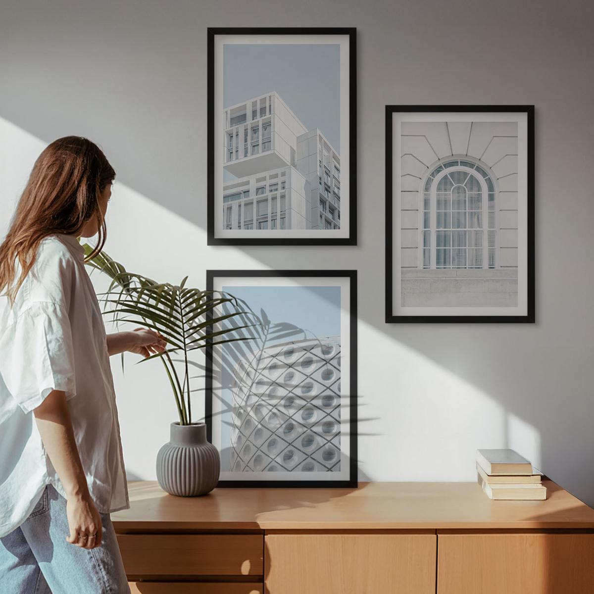 BILDER SET 3er Set - 40x60 cm Schwarzer Rahmen - Moderne Architekturgeometrie - Schwarz, Kunststoff (40/60cm) - TULUP
