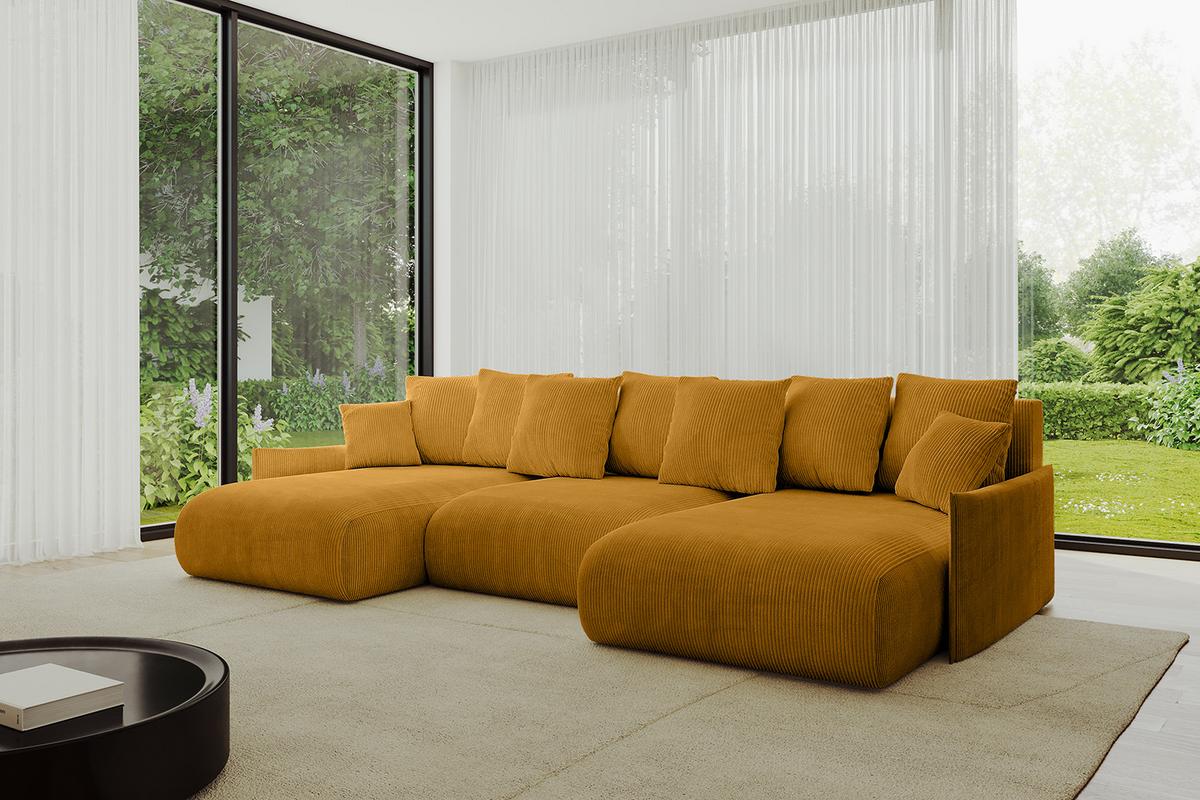 WOHNLANDSCHAFT mit Schlaffunktion und Bettkasten ONESK-U-v1 317x177x72 Senfgelb Cord - Currygelb, Holzwerkstoff/Kunststoff (317/72/177cm) - ALTDECOR