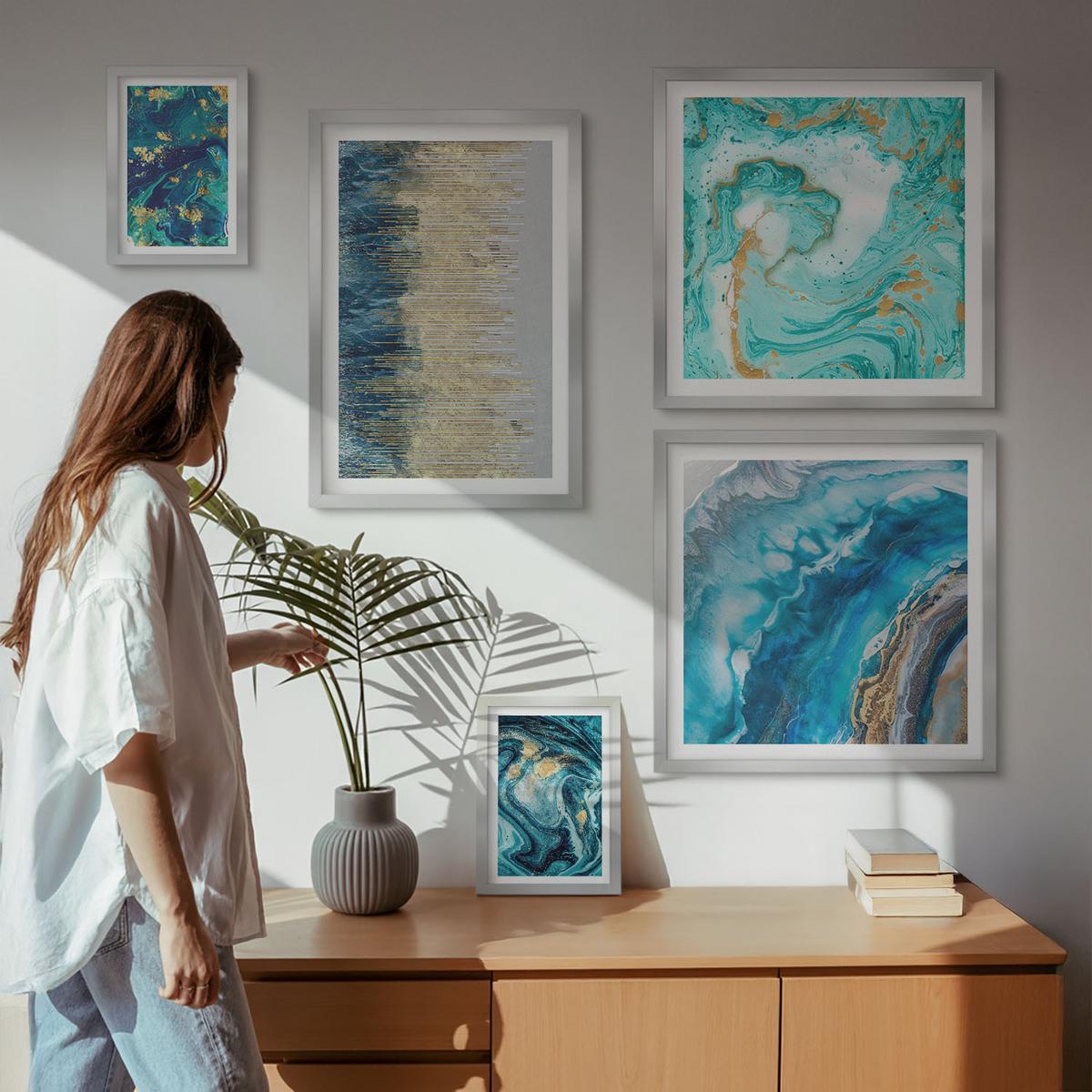 BILDER SET 5er Set - 50x50 cm & 20x30 cm & 40x60 cm Silberner Rahmen - Wilde Landschaften, Berge, Hirsche - Silberfarben, Kunststoff (40/60cm) - TULUP