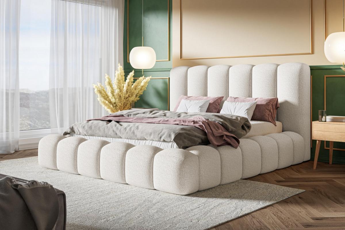 BETT 180x200 - Polsterbett mit Bettkasten und Metallrahmen - Modern Bett - Eleganter Catch Me-Stoff - Kollektion Nora Maxi - Weiß - Weiß, Holz/Textil (180/200cm) - Alpi-Möbel