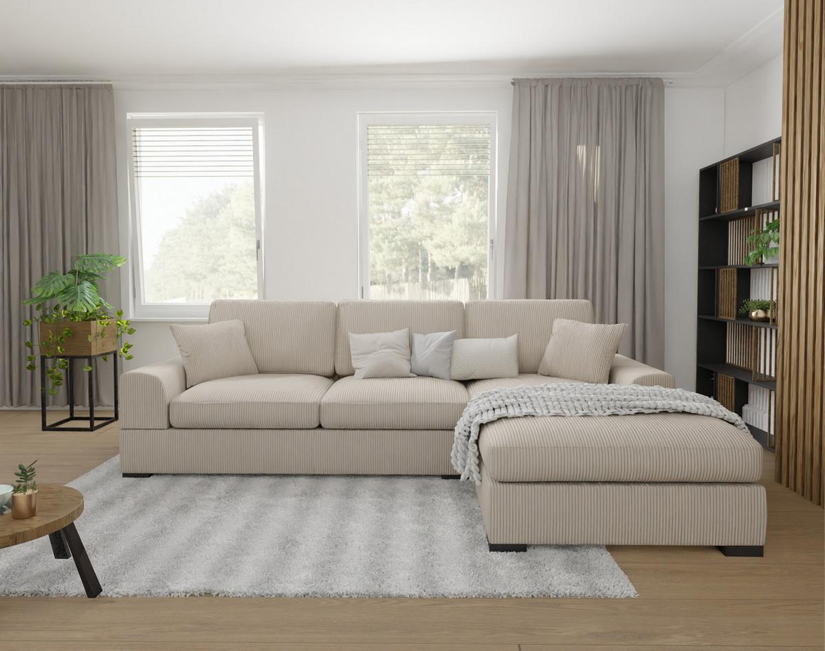 ECKSOFA Saga Beige Cord - Beige/Schwarz, Holz/Buchenholz (306/184cm) - S-Style Möbel