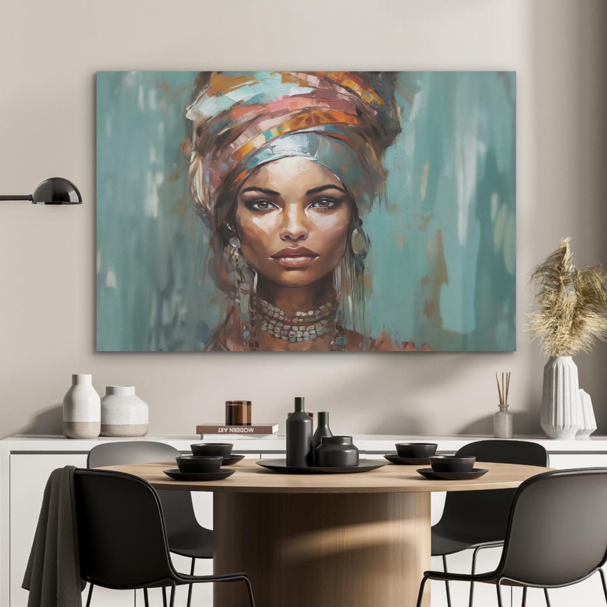 AKUSTIKBILD Frau - Kunst - Schmuck - Porträt Wandbild Wohnzimmer 100x70 cm - Blaugrau, Kunststoff (100/70/0.9cm) - MuchoWow