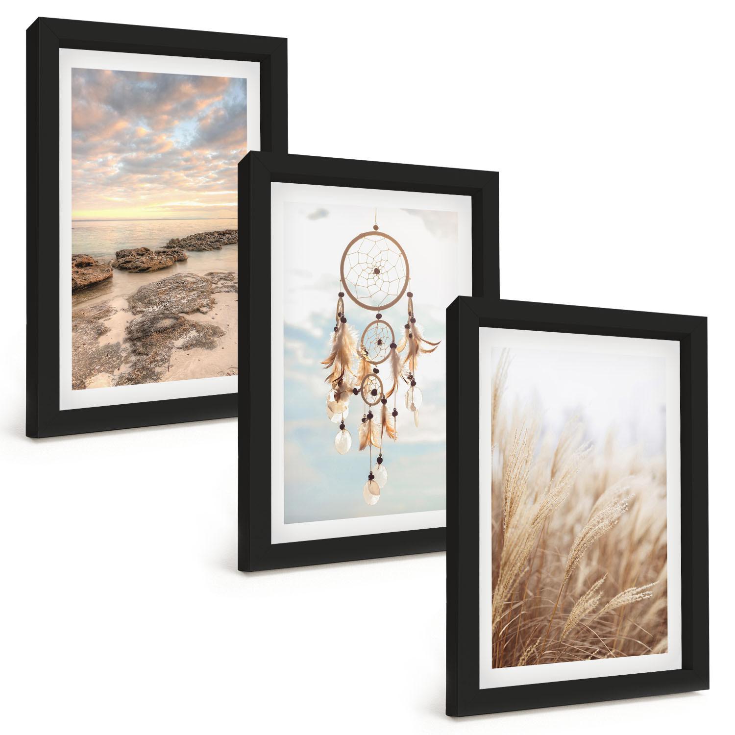 BILDER SET 3er Set - 20x30 cm Schwarzer Rahmen - Wolkenmeer, Traumfänger, Gras - Schwarz, Kunststoff (20/30cm) - TULUP