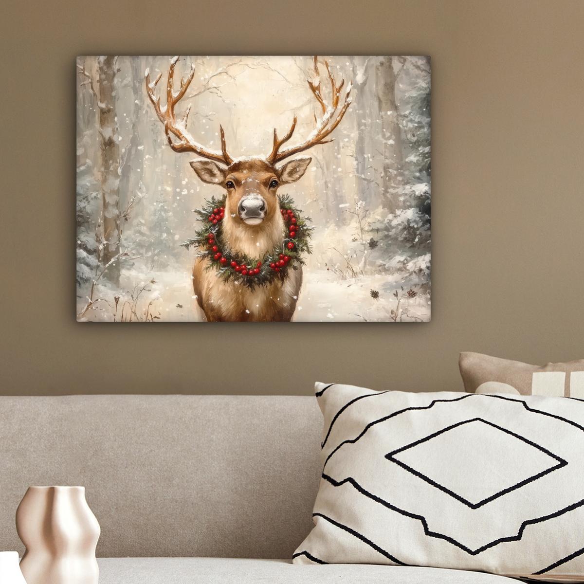 LEINWANDBILD Weihnachten - Rentier - Winter - Kranz Wandbild 40x30 cm - Naturfarben, Textil (40/30cm) - MuchoWow