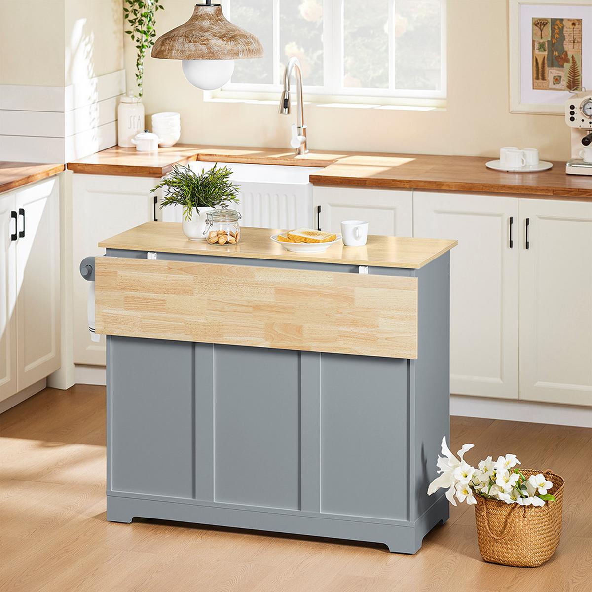 KÜCHENINSEL mit ausziehbarer Arbeitsfläche und verdeckten Rollen 115x69x91 cm - Grau, Holzwerkstoff (107/91/69cm) - SoBuy