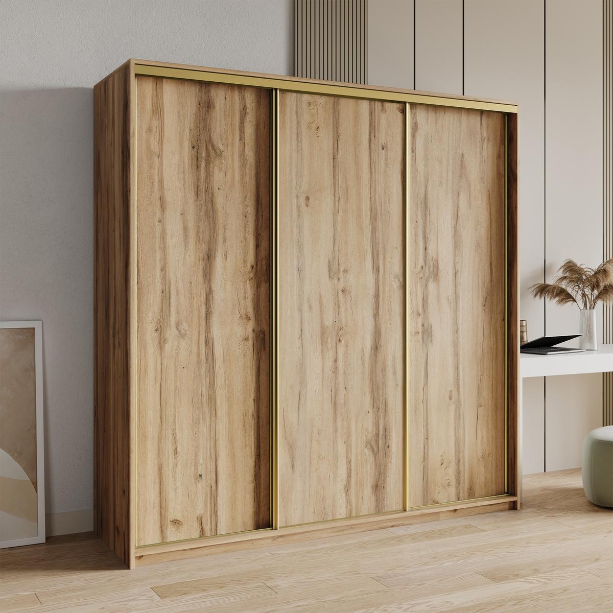 SCHWEBETÜRENSCHRANK NISSE 180/205/60 cm 3-türig mit Schubladen Eiche Wotan - Eiche Wotan/Nickelfarben, Holzwerkstoff (180/205/60cm) - MASSENO
