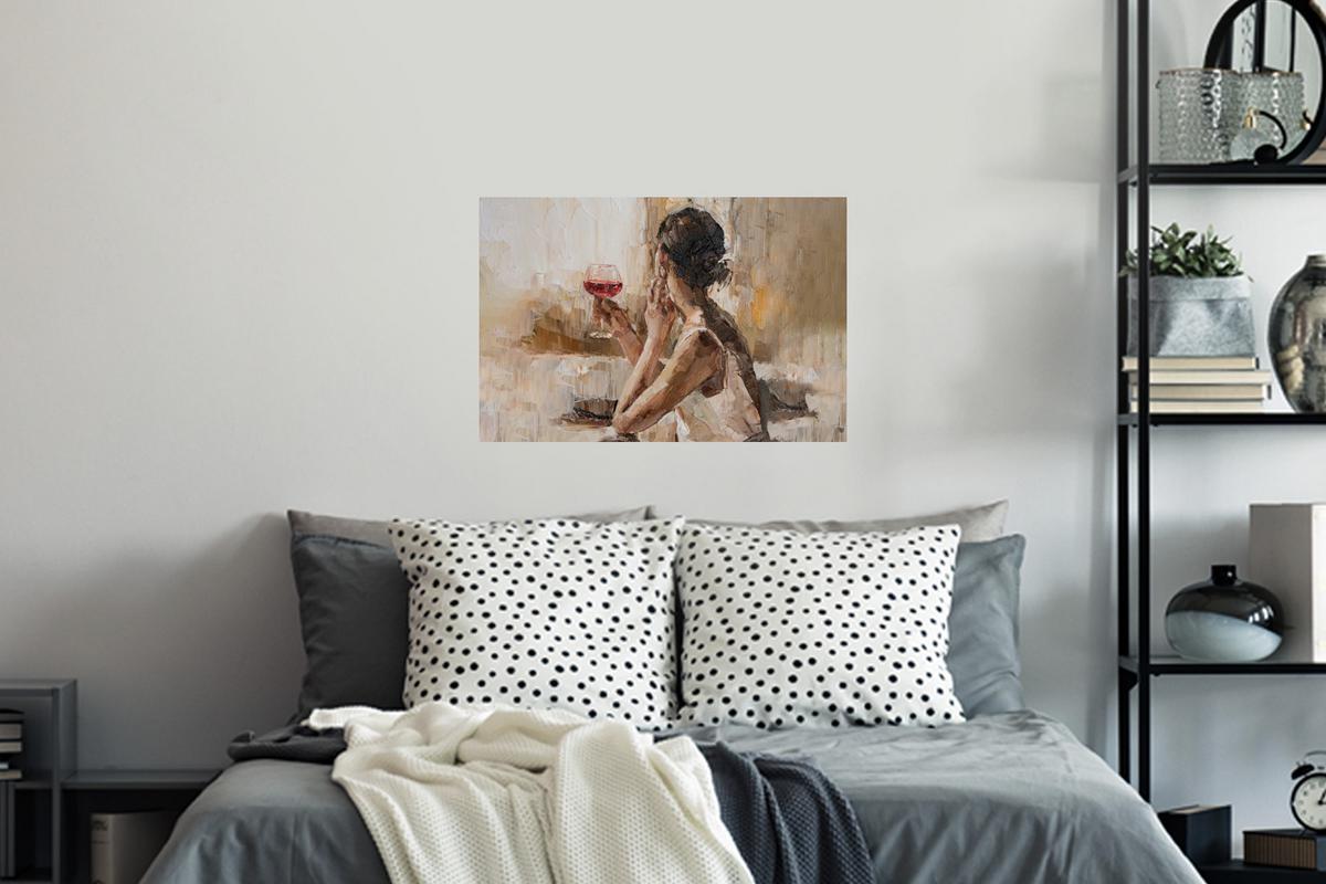 WANDTATTOO Ölgemälde - Frau - Wein Deko Wohnzimmer 60x40 cm - Hellbraun, Kunststoff (60/40/0.1cm) - MuchoWow