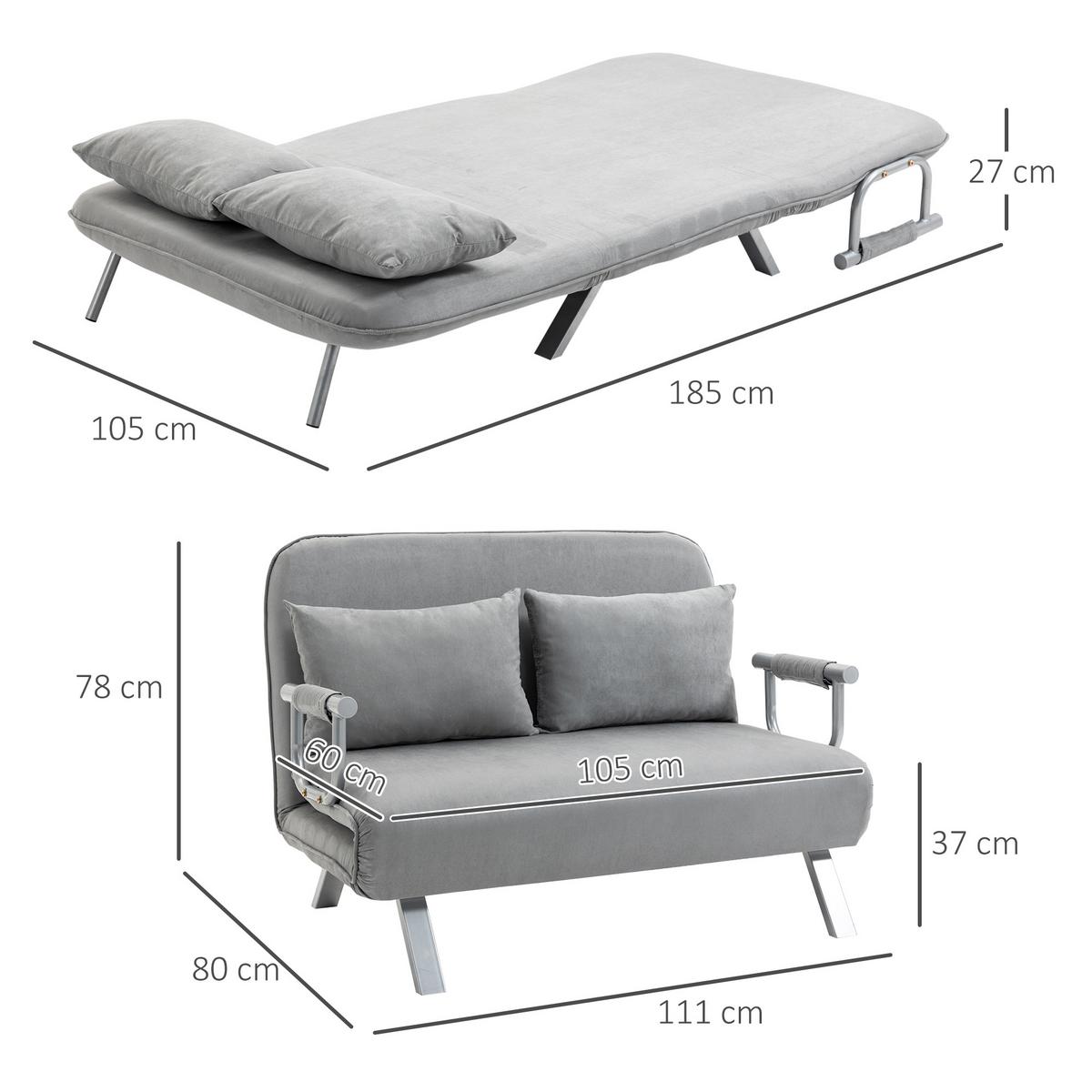 SCHLAFSOFA Zweisitzer mit Bettfunktion, Einzelbett mit Kissen, Samt, Hellgrau - Silberfarben/Hellgrau, Textil/Metall (80/78/111cm) - HOMCOM