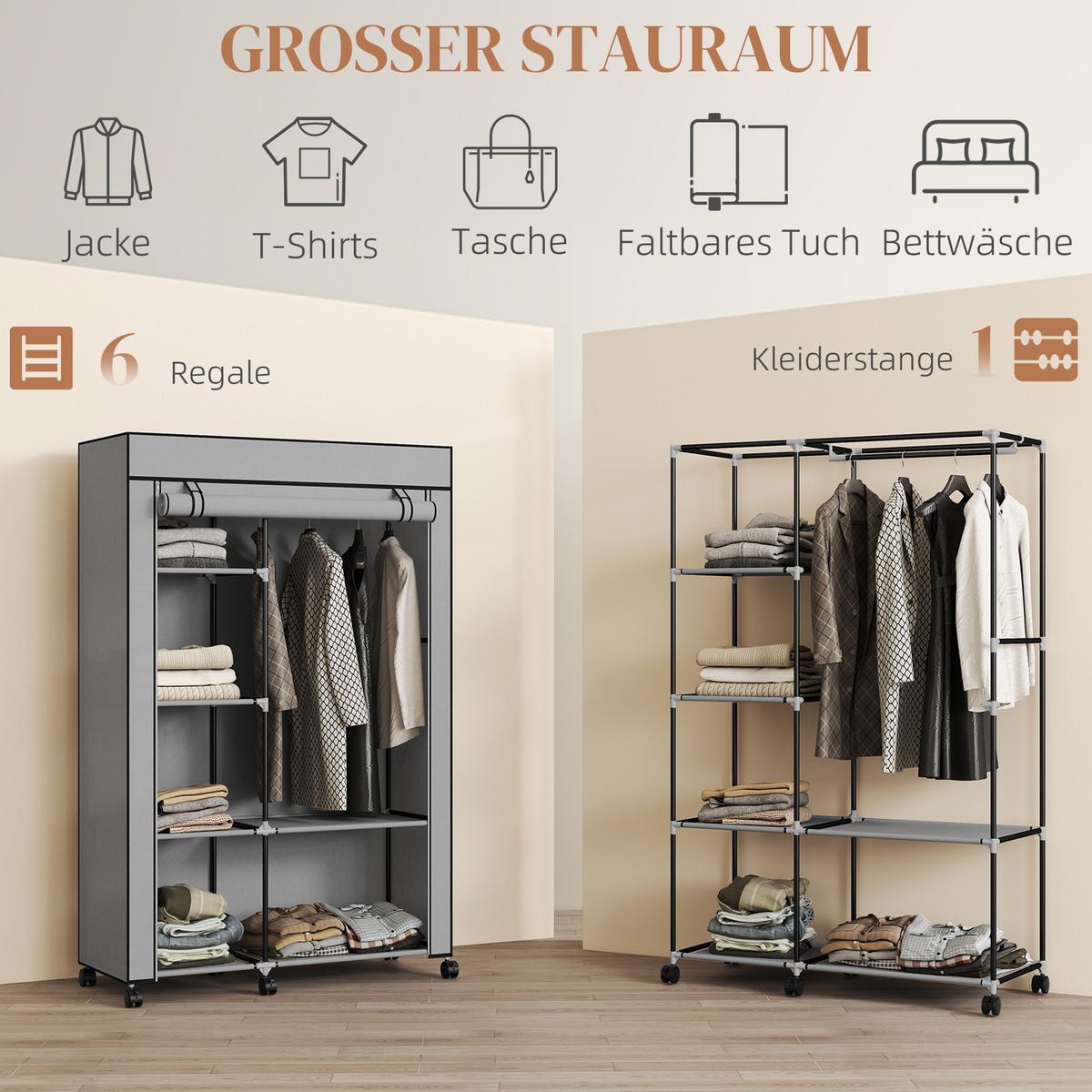 STOFFSCHRANK mit 2 Kleiderstangen, 6 Fächern Hellgrau - Hellgrau, Metall (43/162.5/103cm) - HOMCOM