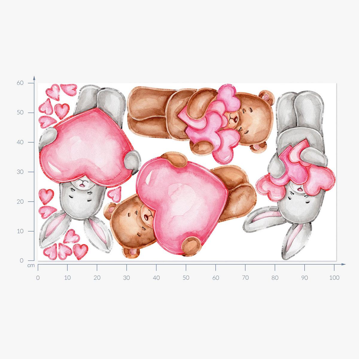 WANDAUFKLEBER 60x101cm - Niedliche Teddybären und Kaninchen - Multicolor, Kunststoff (60/101/0.1cm) - Wallfluent