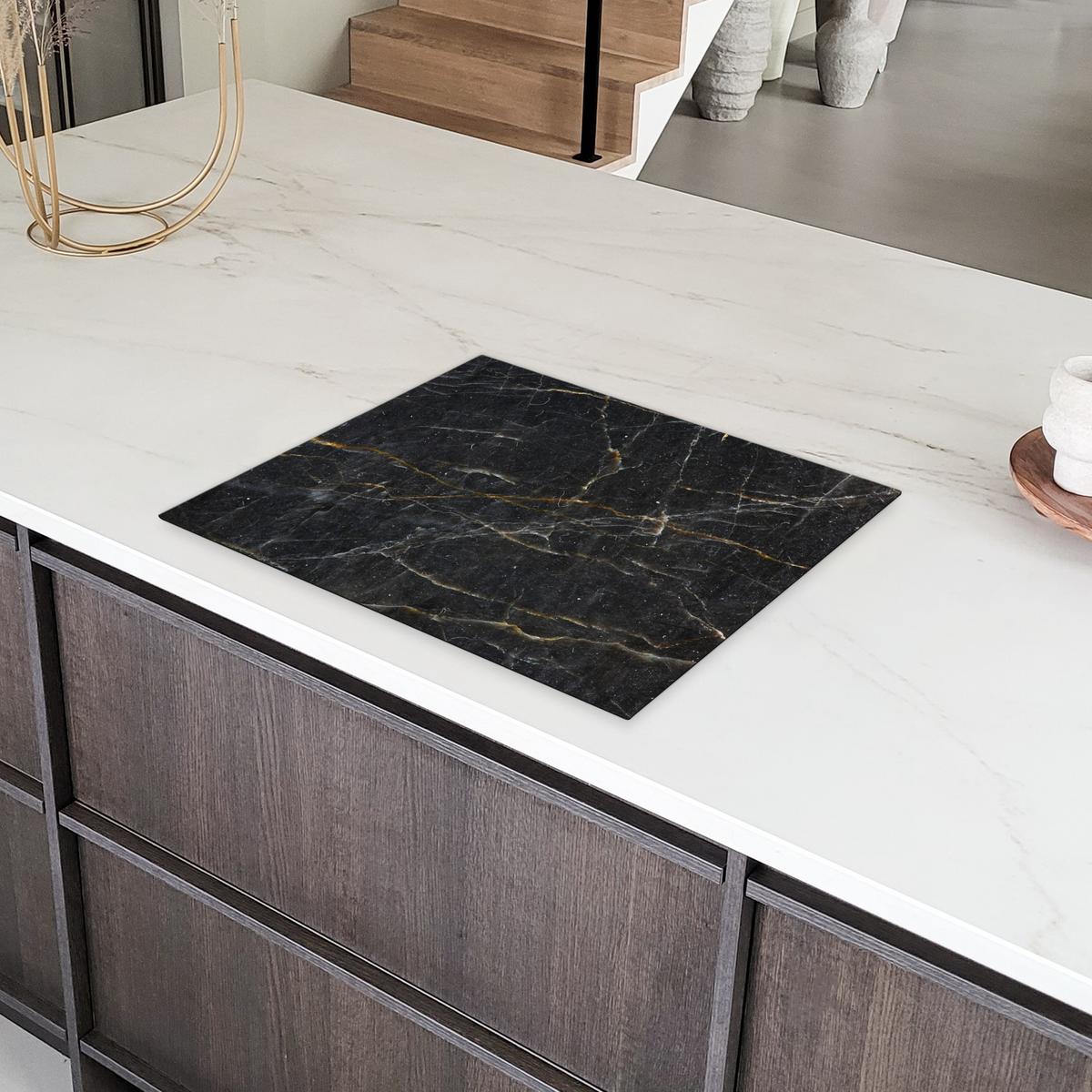 HERDABDECKPLATTE Marmor - Schwarz - Gold - Grau - Marmorstruktur Herdabdeckung Induktionsfeld 65x52 cm - Goldfarben, Kunststoff (65/52/0.2cm) - MuchoWow