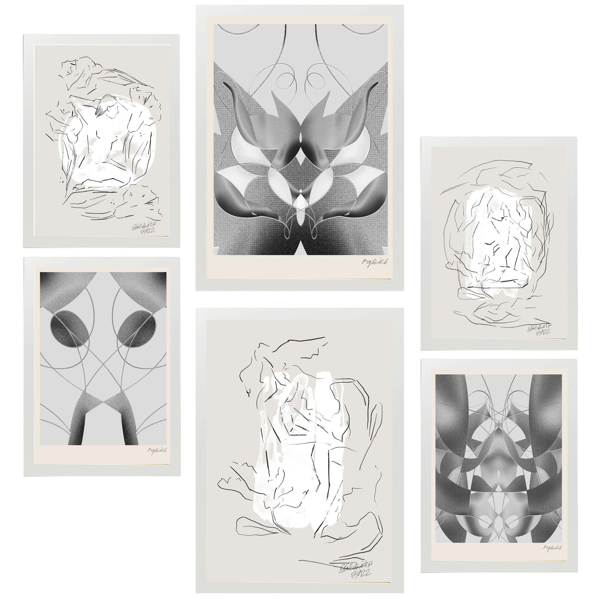 POSTER Set Mit 6 Graue & Schwarze Abstrakte Kunst A3 & A4 Weißer Rahmen - Weiß, Papier (29/3cm) - Nacnic