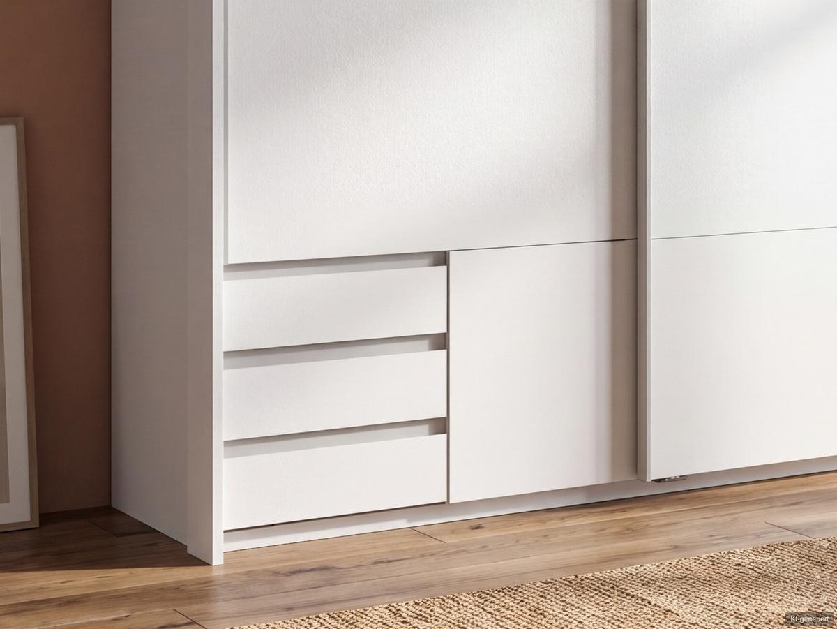 SCHWEBETÜRENSCHRANK 2-türig B183/H200/T65 cm, Passepartout-Kleiderschrank in Weiß mit sichtbaren Schubkästen / 22695 - Alufarben/Weiß, Holz/Holzwerkstoff (183/200/65cm) - luma-home