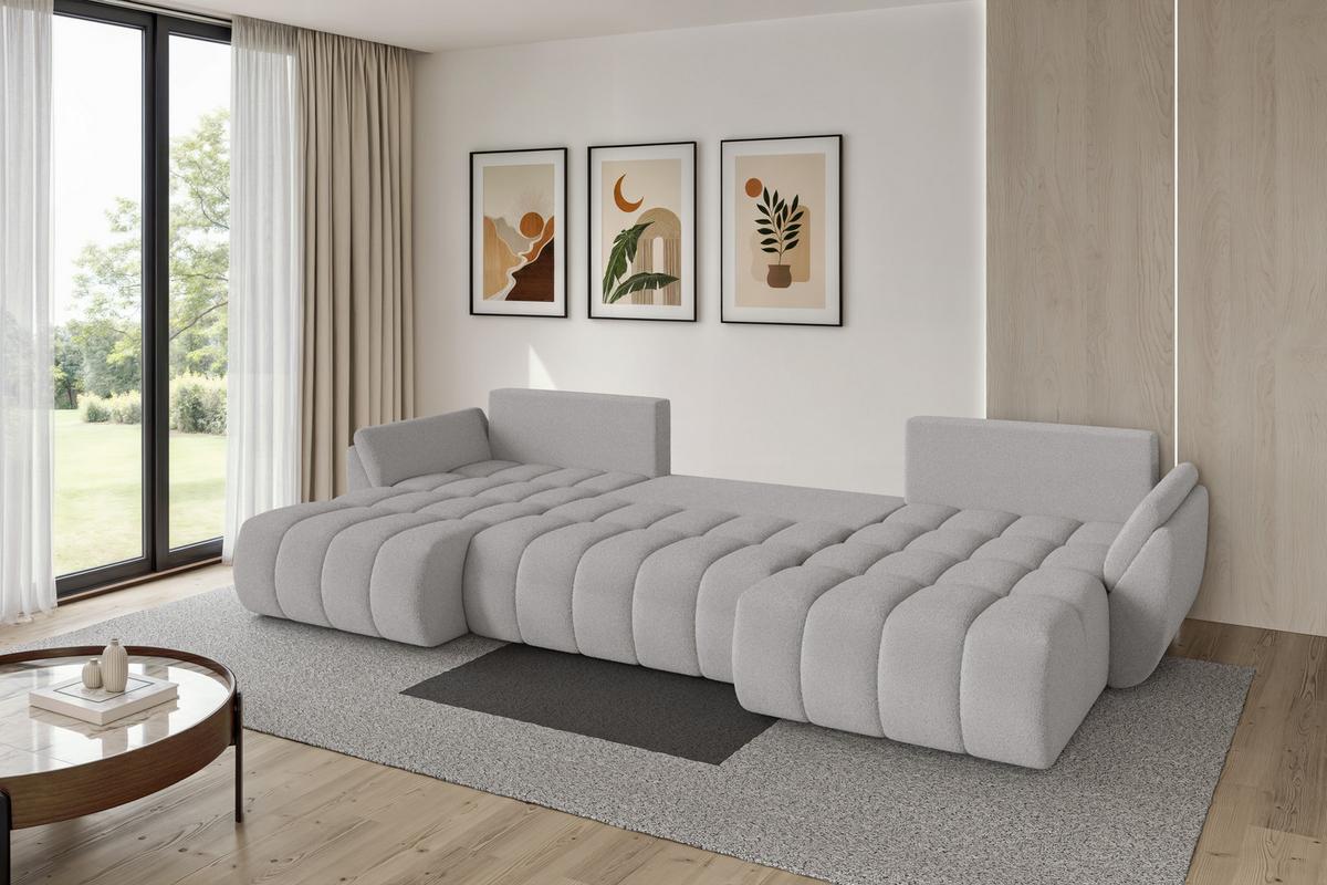 WOHNLANDSCHAFT mit Schlaffunktion und Bettkasten TOKO-U-v1 378x194x86 Hellgrau Bouclé - Silberfarben/Hellgrau, Holzwerkstoff/Kunststoff (378/86/194cm) - ALTDECOR
