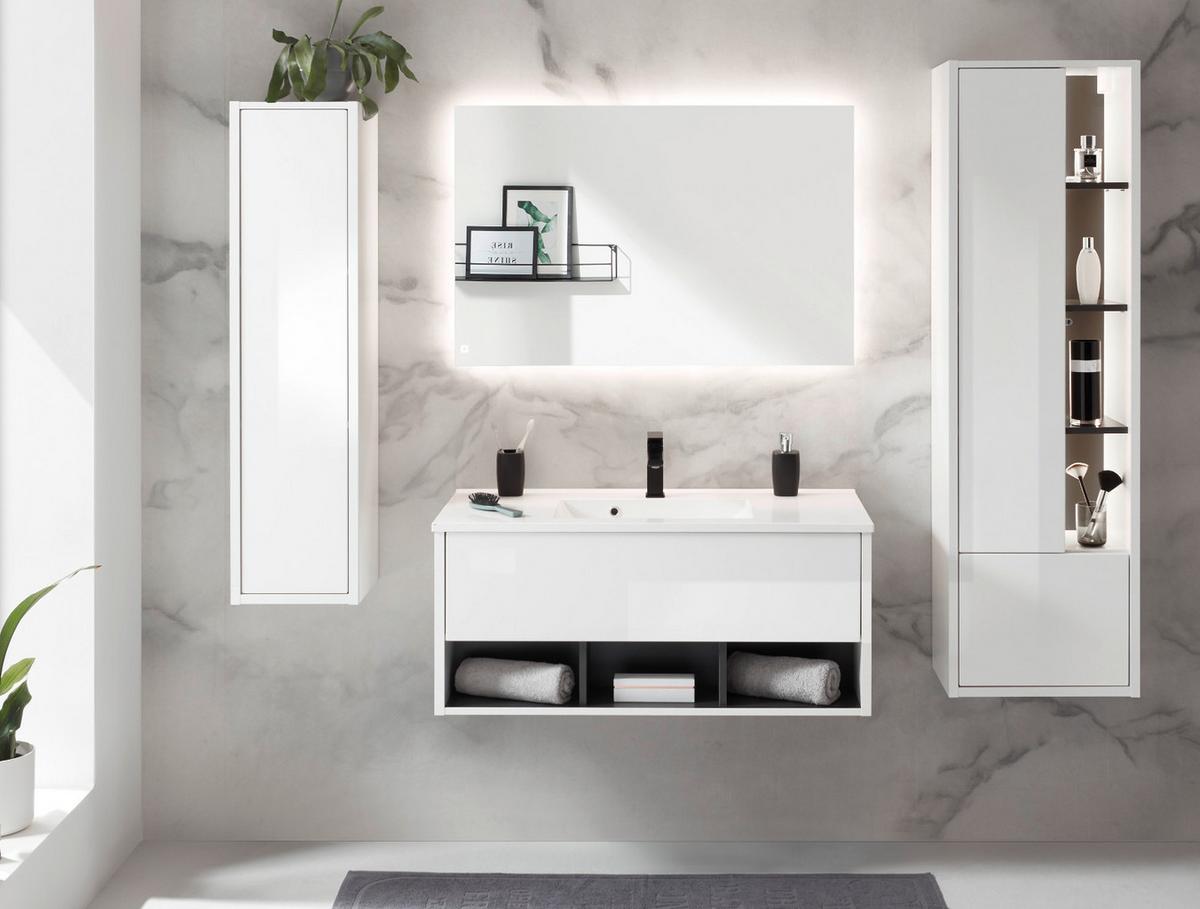 BADMÖBEL-SET weiß Hochglanz, grau, Komplettset mit Waschbecken und LED Beleuchtung 195 cm - Weiß Hochglanz/Grau, Glas/Holzwerkstoff (195/190/47cm) - Furn.Design