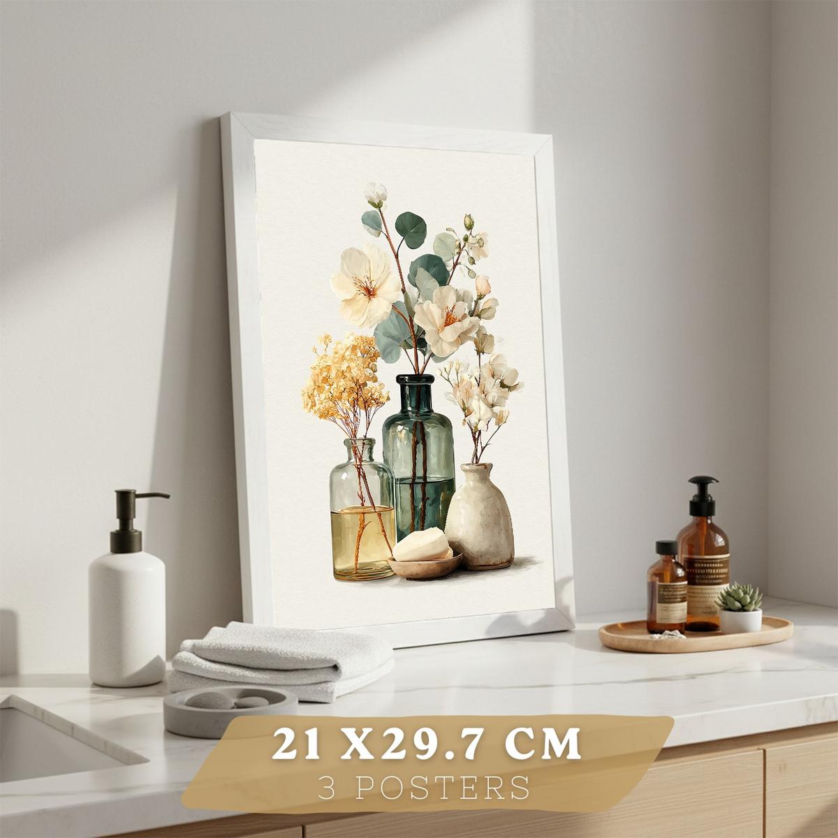 POSTER 3er-Set dekorative Badezimmerdrucke, natürlicher Spa-Stil, minimalistische Bilder mit Blumen Zen-Poster, Wohndekoration Rahmenlos A4 - Klar, Papier (29.7/21/3cm) - Nacnic