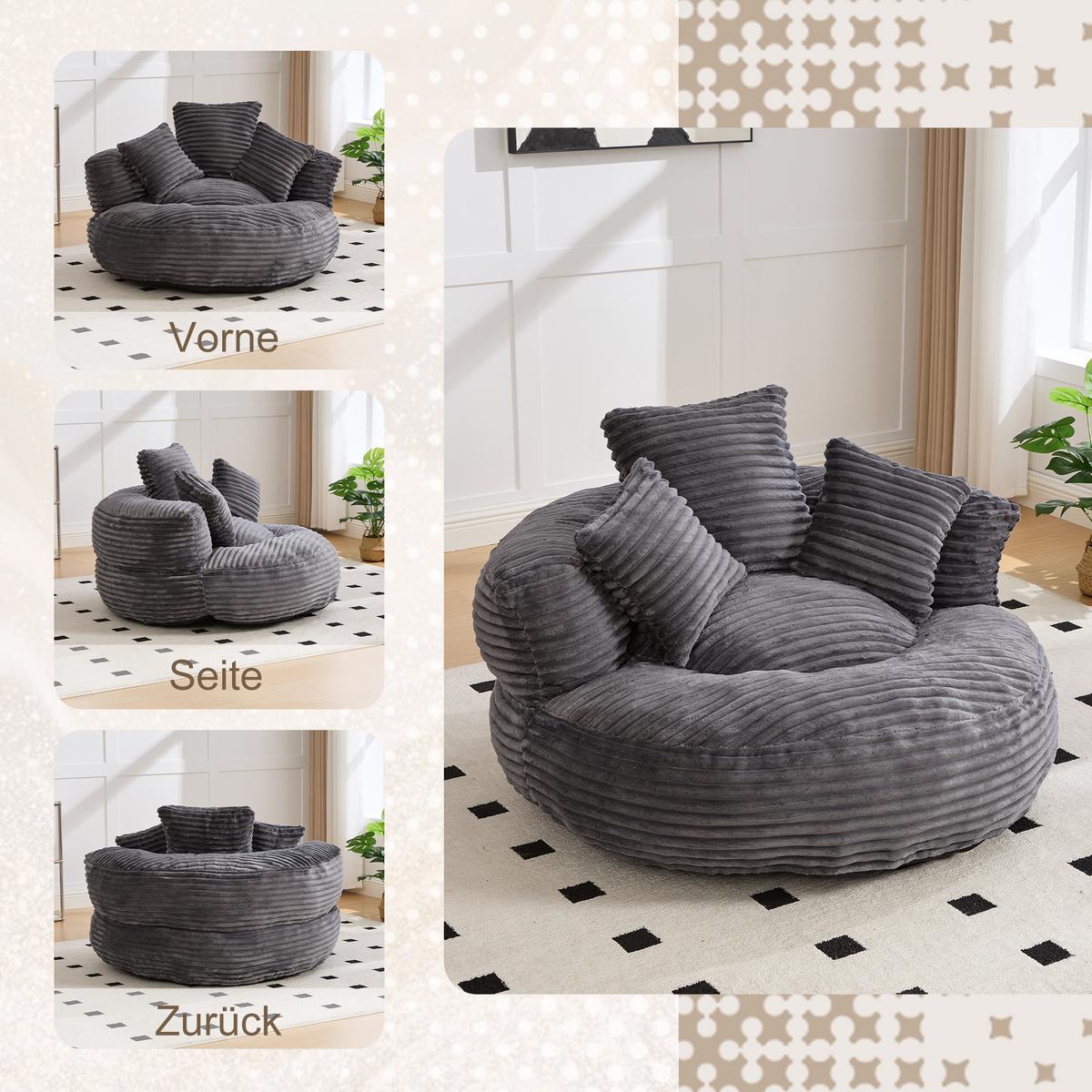 SITZSACK cord dunkelgrau mit rückenlehne & 3 kissen - Dunkelgrau, Textil (108/52/108cm) - Urban Meuble