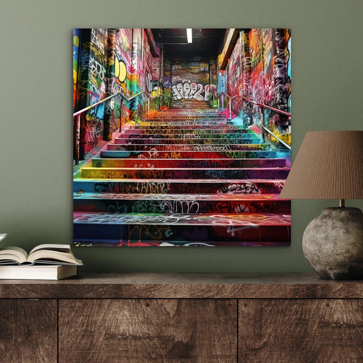 METALLBILD Treppe - Graffiti - Farben - Kunst 50x50 cm - Multicolor, Metall (50/50cm) - MuchoWow