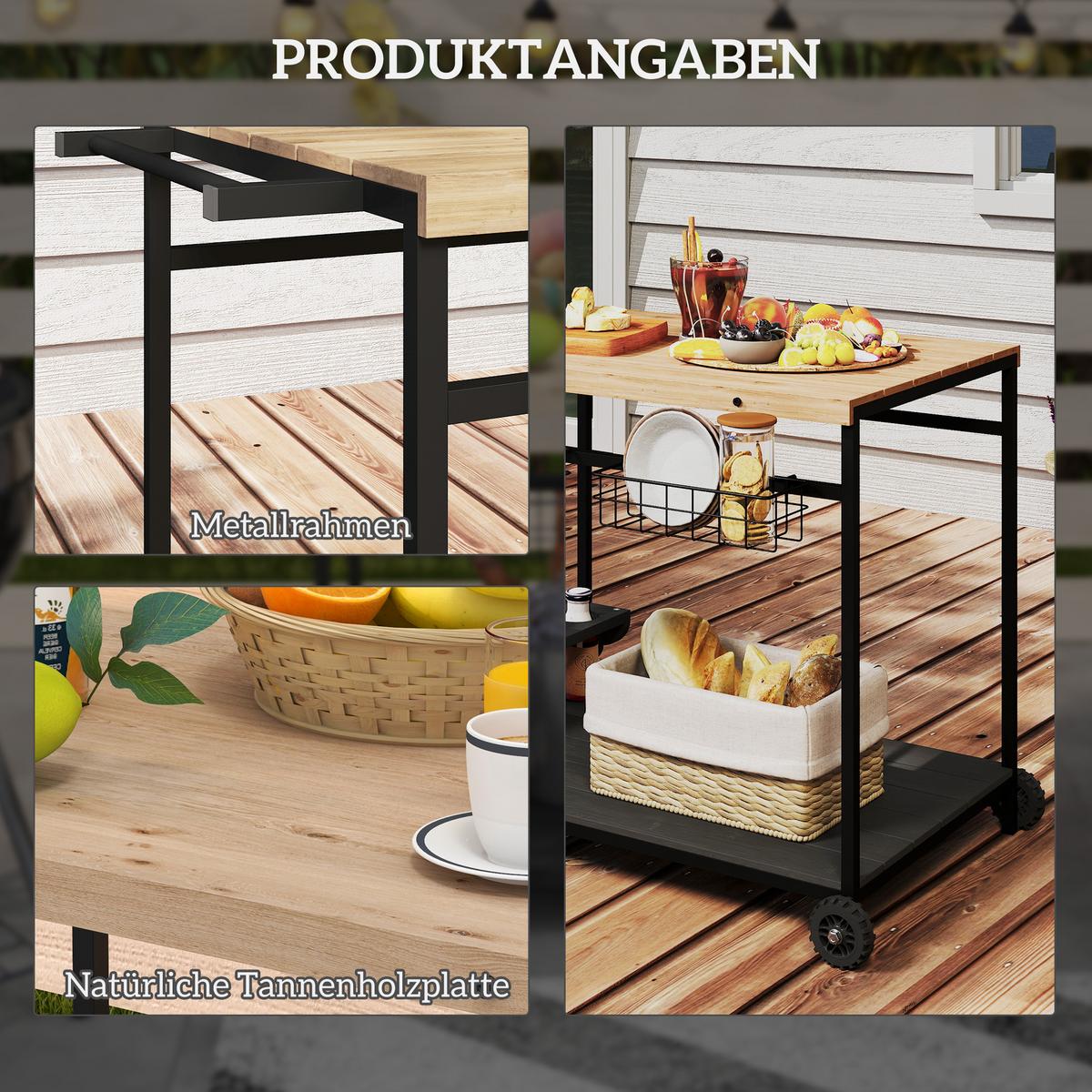 GARTENROLLWAGEN mit 2 Ebenen, mit Aufbewahrungskorb, mit Griff, Tanne, Natur - Fichtefarben, Holz (65/81/97.5cm) - Outsunny