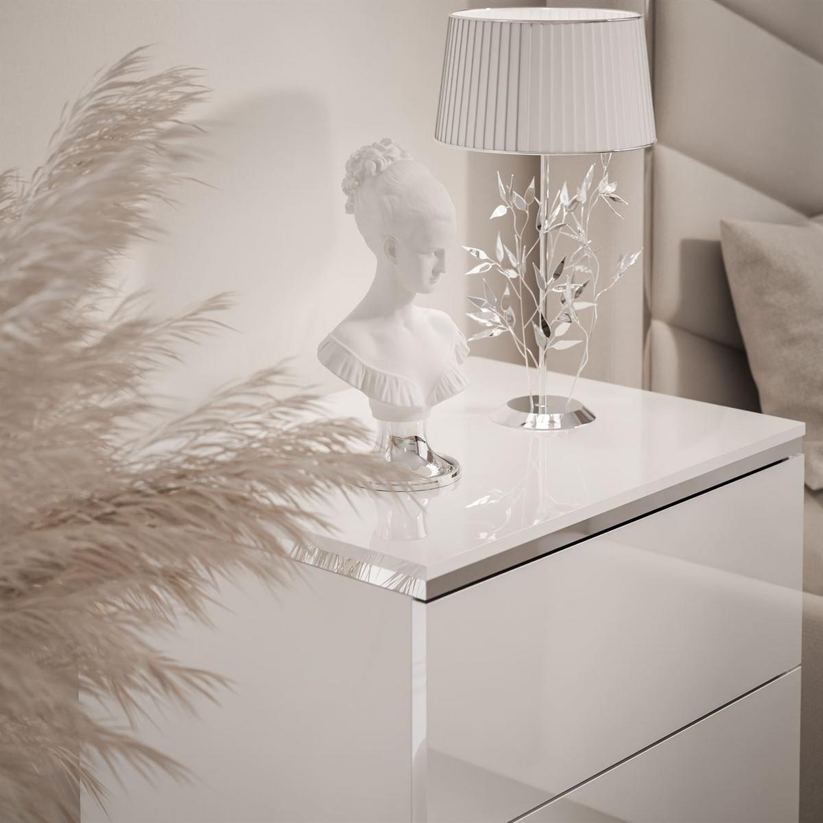 NACHTTISCH AURORA II SILVER Hochglanz Weiß mit LED-Beleuchtung – mit Sockel - Weiß Hochglanz, Holzwerkstoff (50/48/37cm) - Lookway