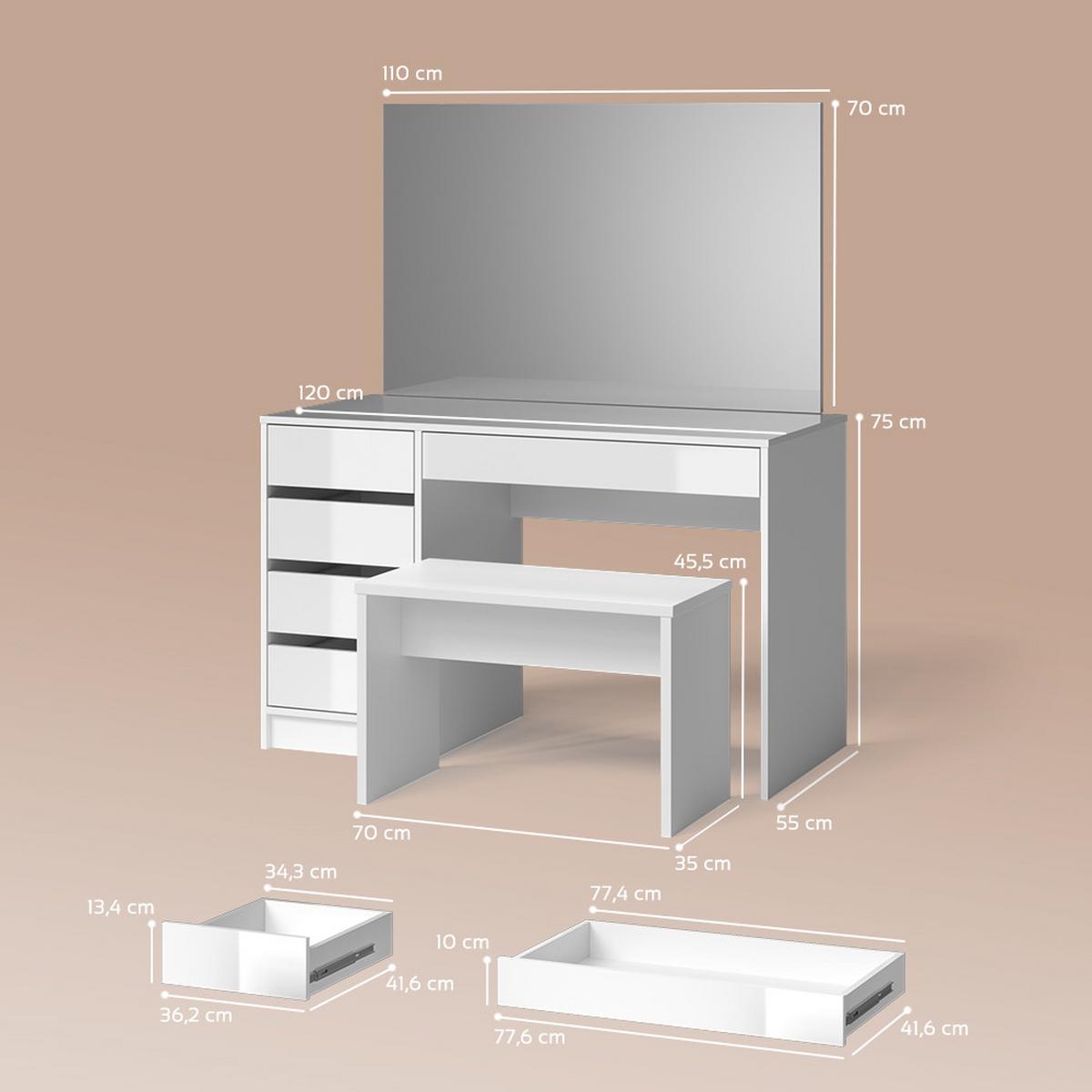 SCHMINKTISCH Imola Weiß 120 cm mit Bank - Weiß, Holzwerkstoff (120/75/55cm) - Livinity®