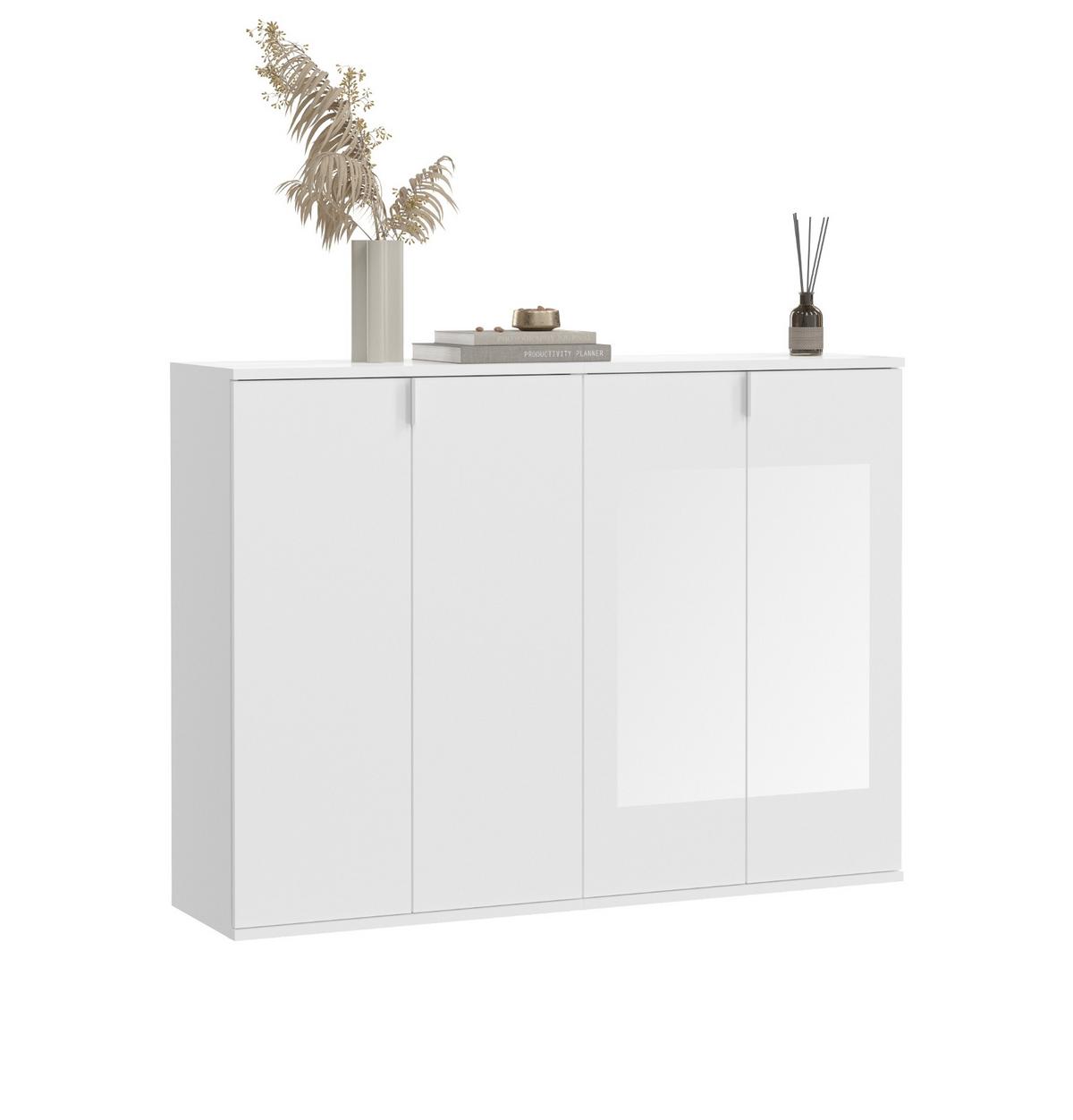 KOMMODE weiß Hochglanz 122 x 99 cm, Sideboard mit 4 Türen und 12 Fächern - Weiß Hochglanz/Silberfarben, Holzwerkstoff/Kunststoff (122/99/34cm) - Inn.Furn