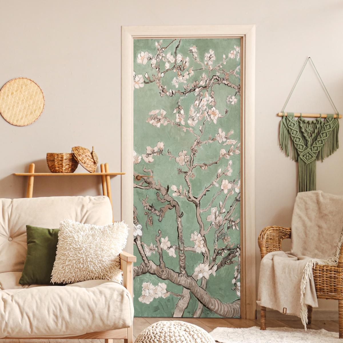 TÜRAUFKLEBER Mandelblüte - Kunst - Van Gogh - Grün 85x215 cm - Türtapete - Salbeigrün, Kunststoff (85/0.1cm) - MuchoWow