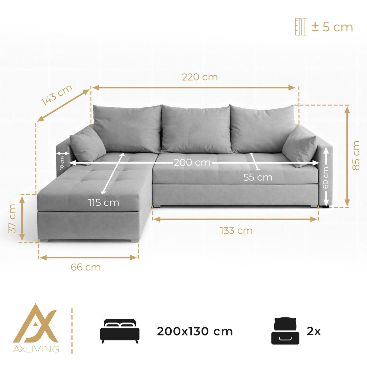 ECKSOFA Universelle L Form Elif Hellbraun 220/140/85 cm stilvolle mit Schlaffunktion - Hellbraun/Silberfarben, Kunststoff/Textil (220/140cm) - AX Living