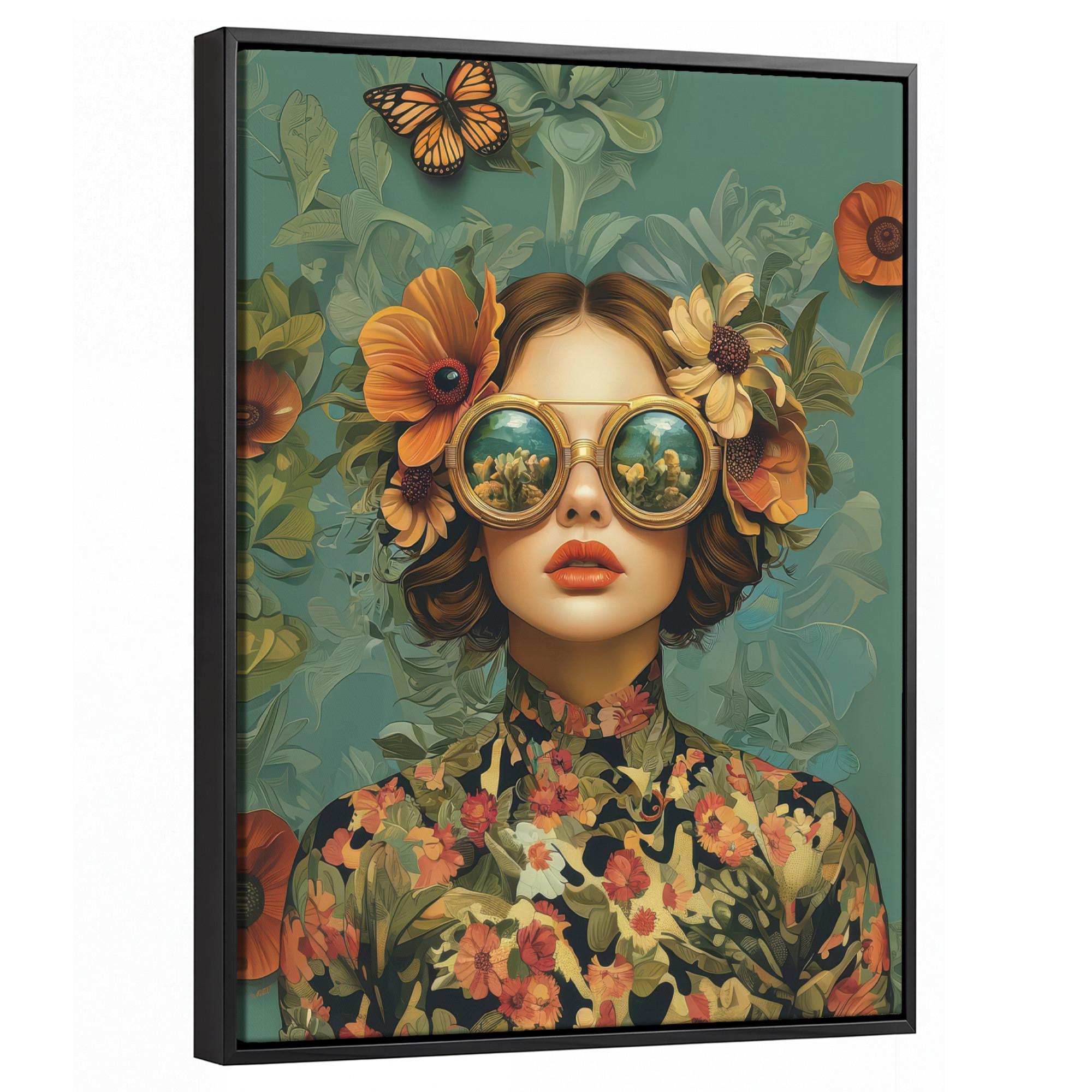 LEINWAND Bilder mit Rahmen - Frau - Blumen - Schmetterlinge - Natur - Vintage - 30x40 - Salbeigrün, Textil (30/40cm) - MuchoWow