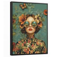 LEINWAND Bilder mit Rahmen - Frau - Blumen - Schmetterlinge - Natur - Vintage - 30x40 - Salbeigrün, Textil (30/40cm) - MuchoWow