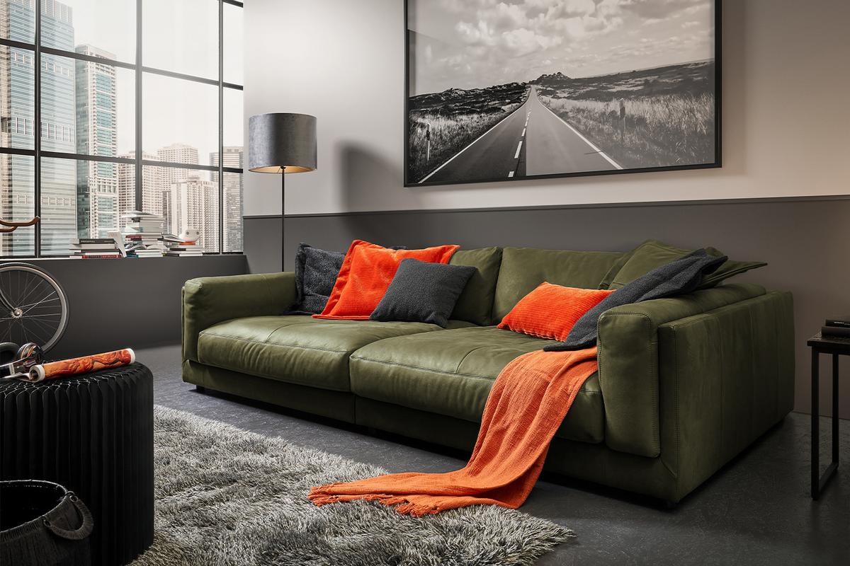 BIG SOFA RAINA Grün Leder - Schwarz/Olivgrün, Leder/Kunststoff (254/85/150cm) - KAWOLA