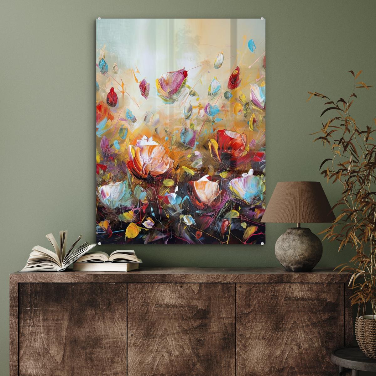 ACRYLGLASBILD Blumen - Kunst - Natur - Ölgemälde 60x80 cm - Multicolor, Glas (60/80cm) - MuchoWow