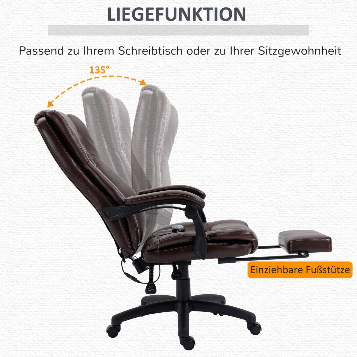 VERSTELLBARER Drehstuhl mit Fußstütze, Kopfstütze, Massagefunktion, Braun - Schwarz/Braun, Kunststoff (68.5/121/68.5cm) - Vinsetto