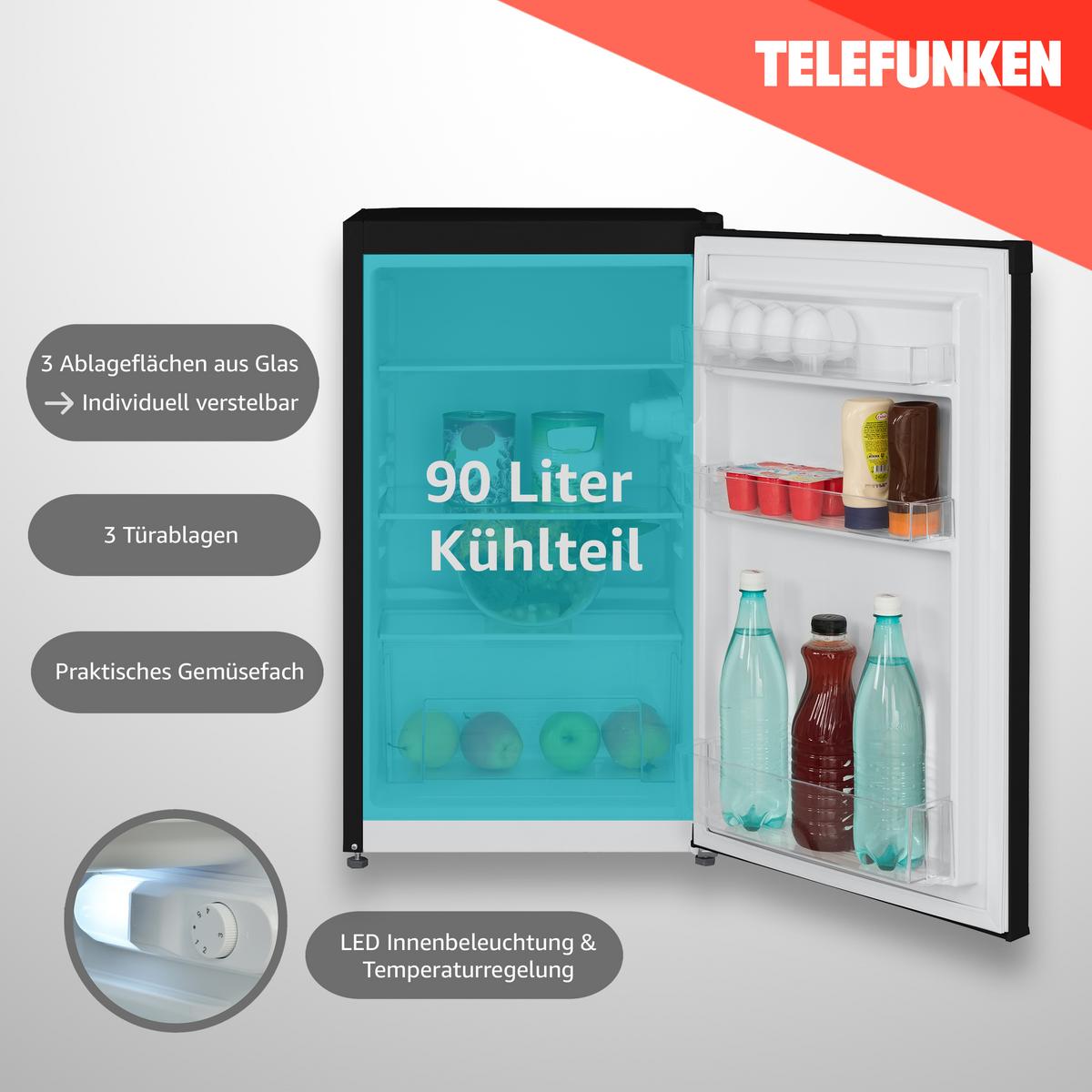 KÜHLSCHRANK, ohne Gefrierfach, freistehend, klein, 90 Liter Nutzinhalt, mit Gemüsefach & 3 Ablagen, Temperaturregelung, CF-31-121-B - Schwarz, Kunststoff/Metall (48/82.1/50cm) - Telefunken