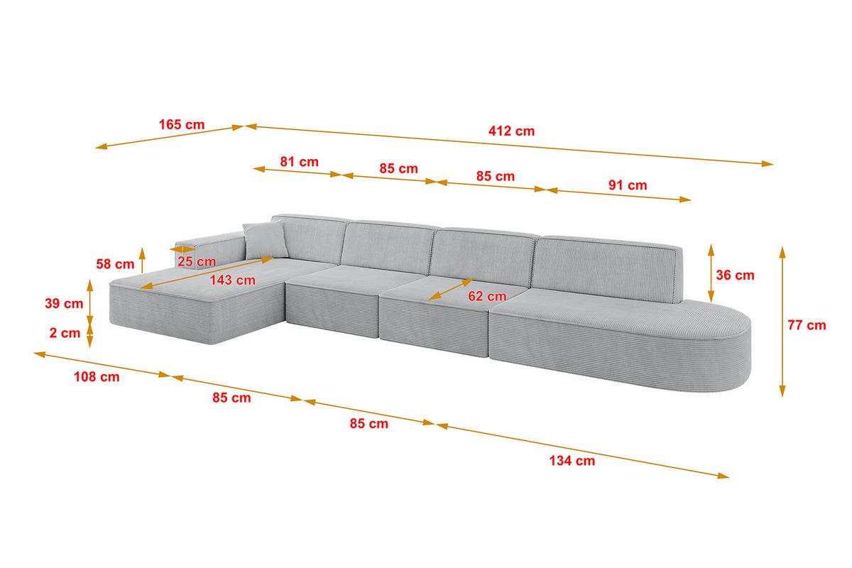 ECKSOFA Ottomane Links IREA-L3-v4 - 412x165x77 cm Grau - Hellgrau/Grau, Holzwerkstoff/Textil (412/165cm) - ALTDECOR