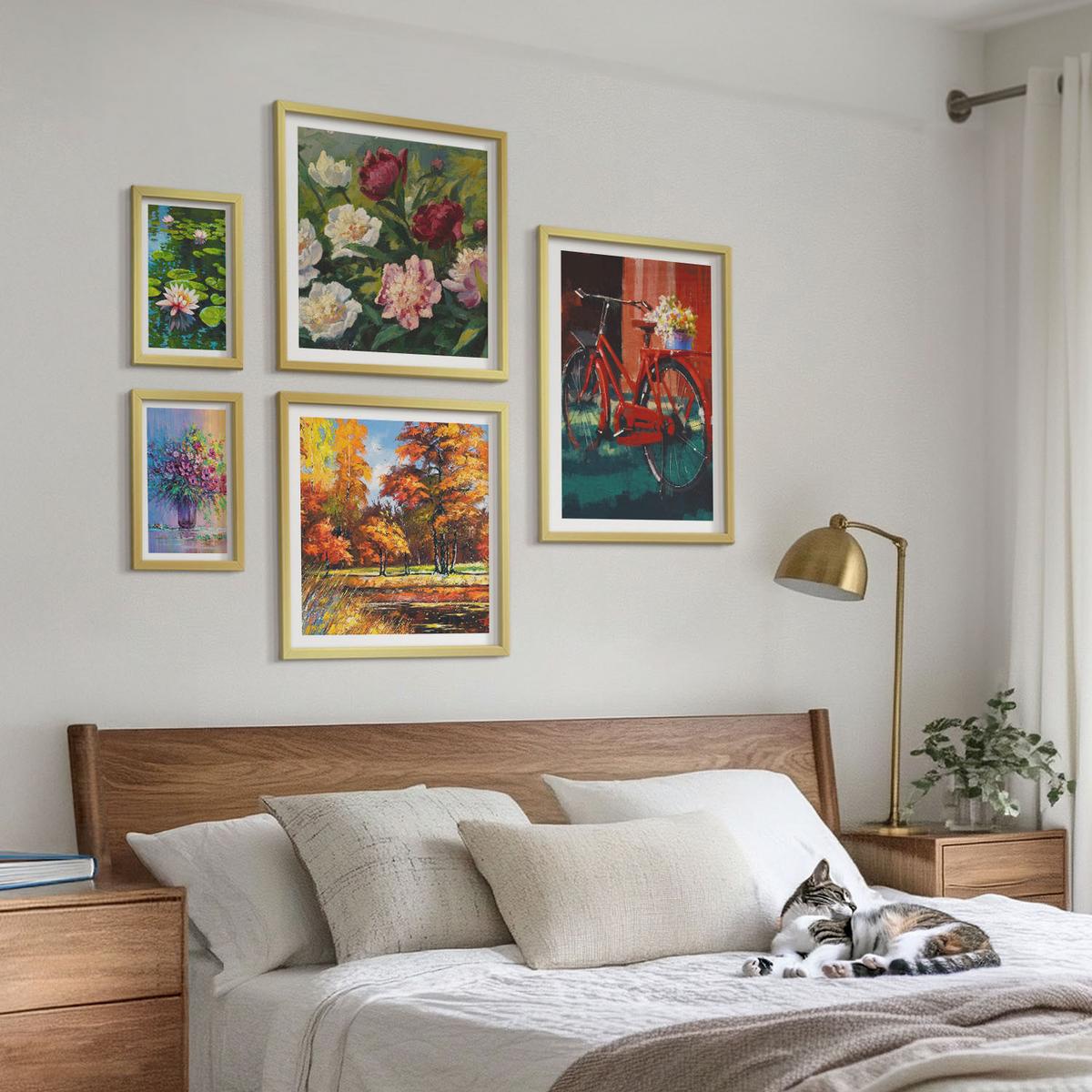 BILDER SET 5er Set - 50x50 cm & 20x30 cm & 40x60 cm Goldrahmen - Seerosen, Fahrradblumen - Goldfarben, Kunststoff (40/60cm) - TULUP