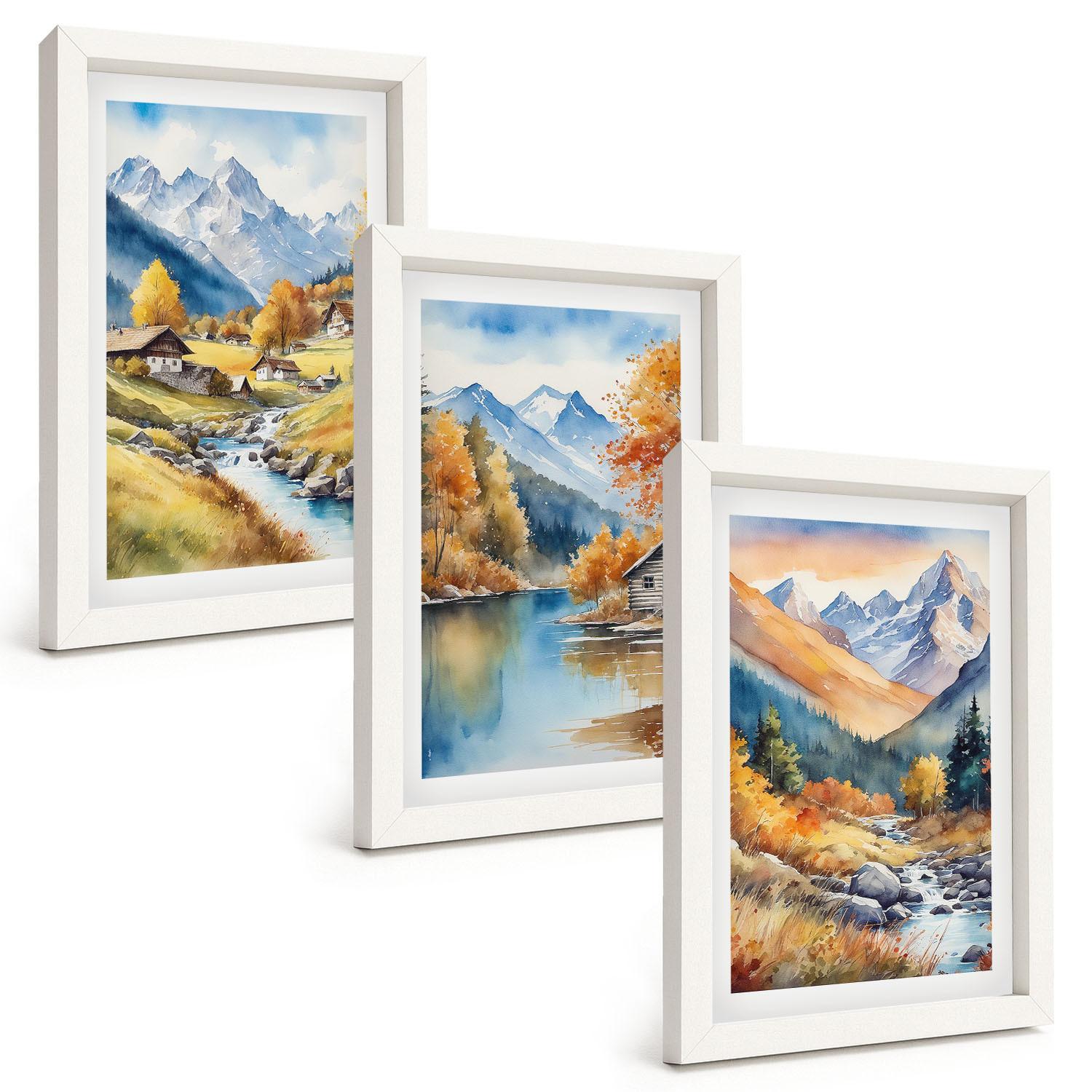 BILDER SET 3er Set - 20x30 cm Weißer Rahmen - Herbstliche Berge, Flusshäuser - Weiß, Kunststoff (20/30cm) - TULUP