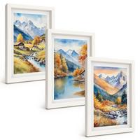 BILDER SET 3er Set - 20x30 cm Weißer Rahmen - Herbstliche Berge, Flusshäuser - Weiß, Kunststoff (20/30cm) - TULUP