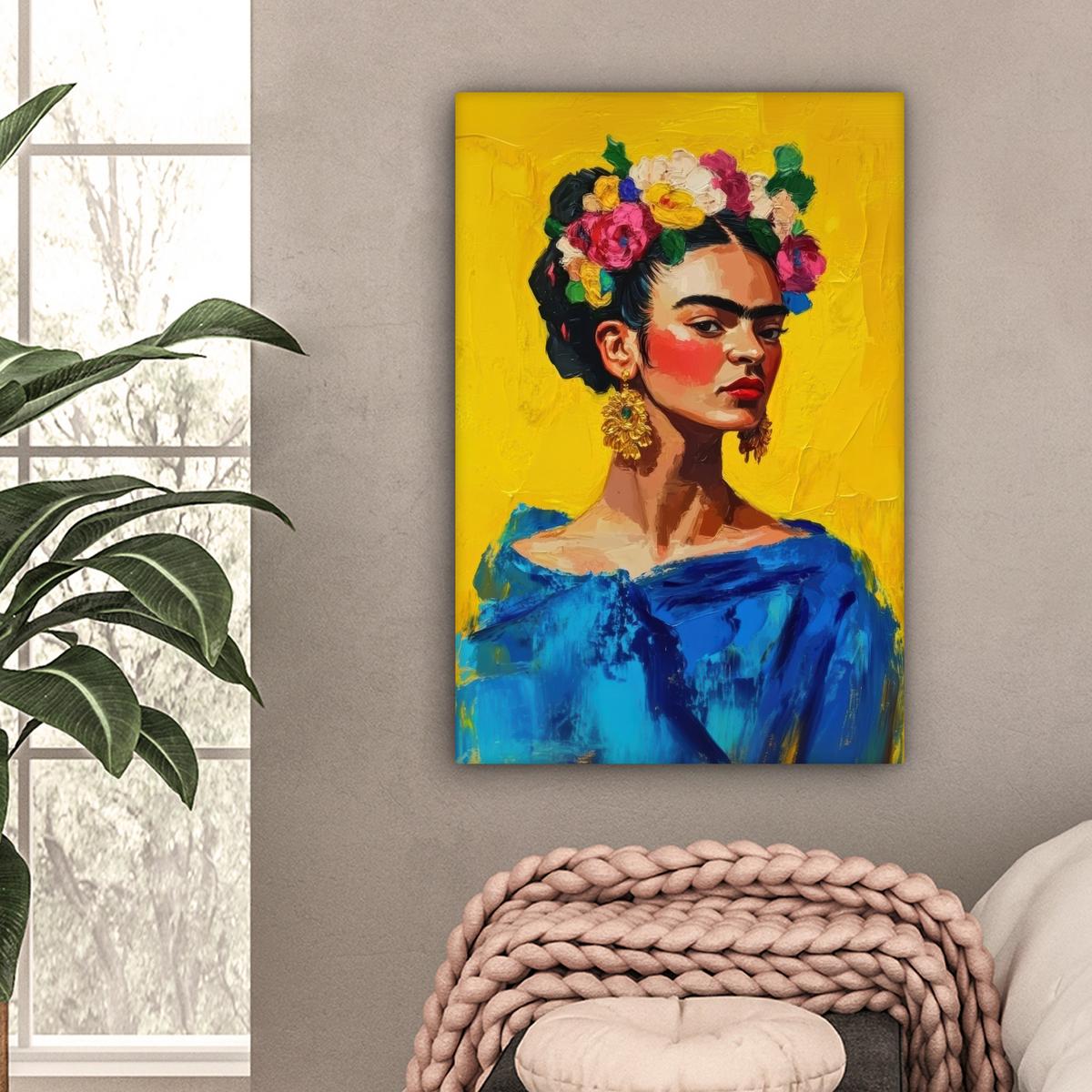 LEINWANDBILD Frida Kahlo - Frau - Gelb - Blau - Blumen Wanddeko 40x60 cm - Gelb, Textil (40/60cm) - MuchoWow