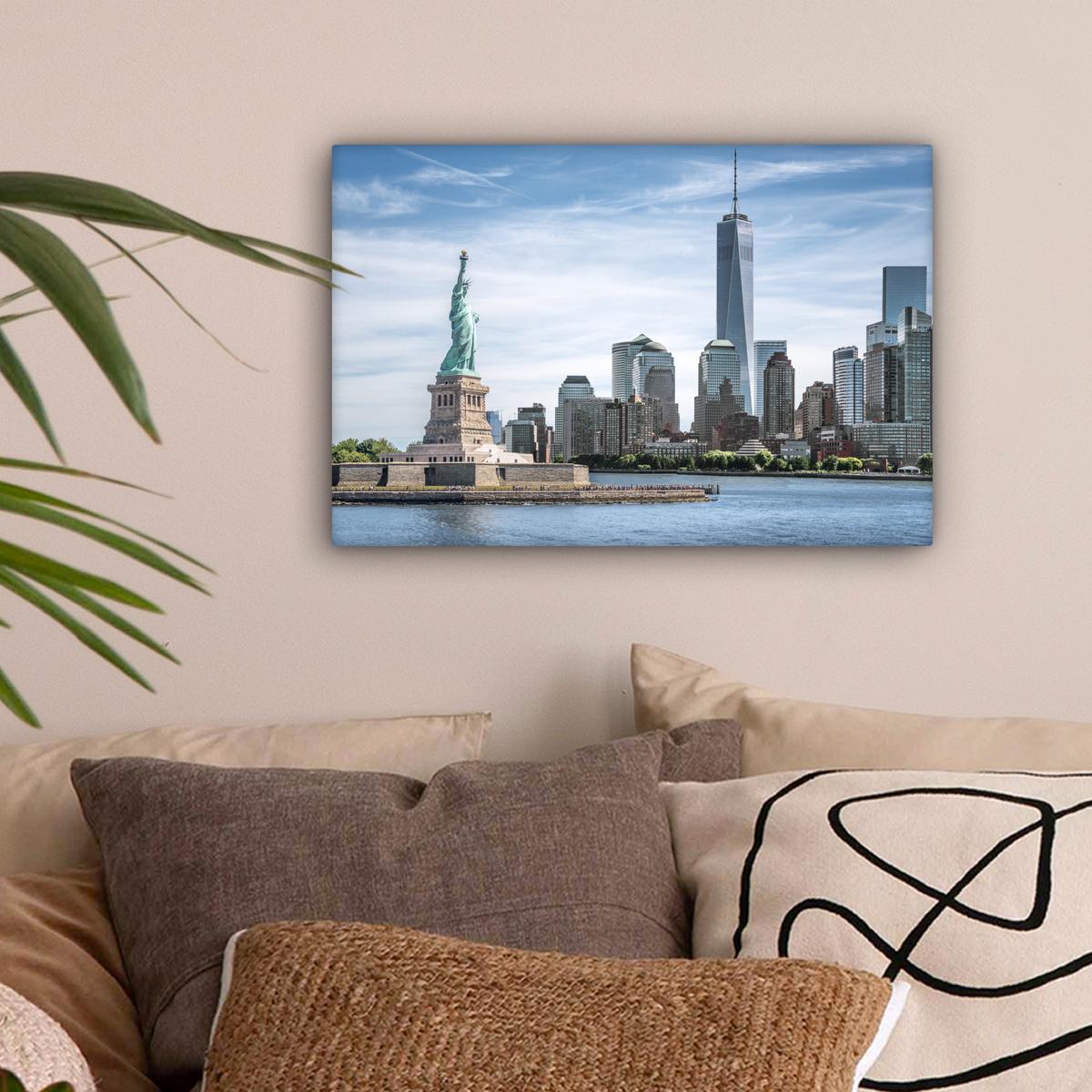 LEINWANDBILD New York - Freiheitsstatue - Wasser Deko Schlafzimmer 30x20 cm - Hellblau, Textil (30/20cm) - MuchoWow
