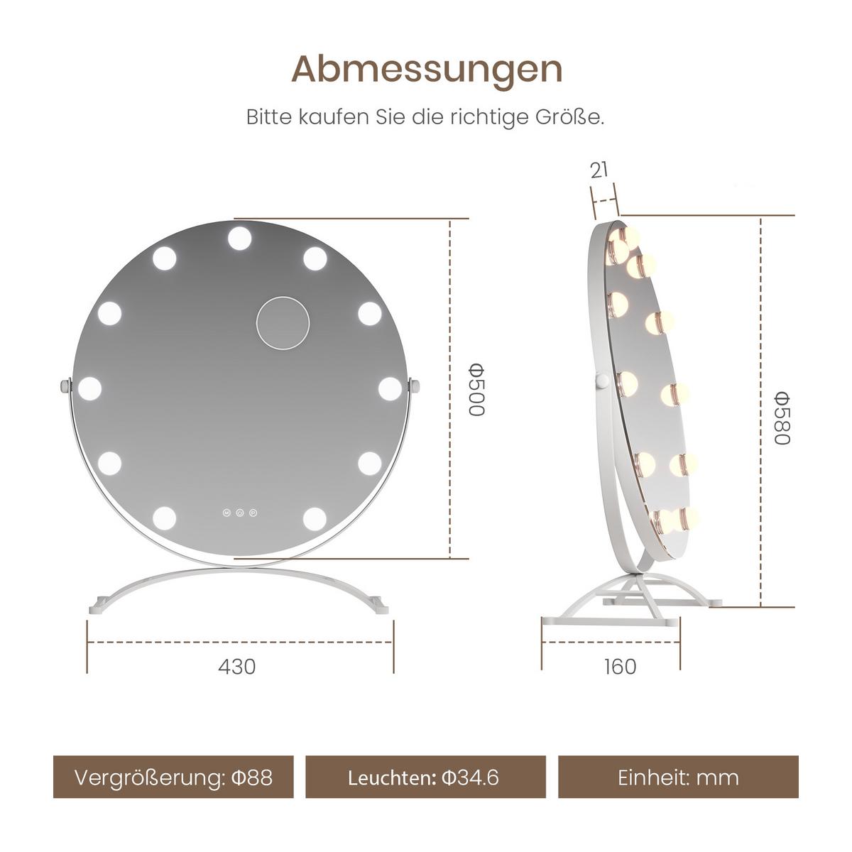 SCHMINKSPIEGEL Runder mit Beleuchtung, Weiß, ф50 cm - Weiß, Glas (50/50/6cm) - EMKE
