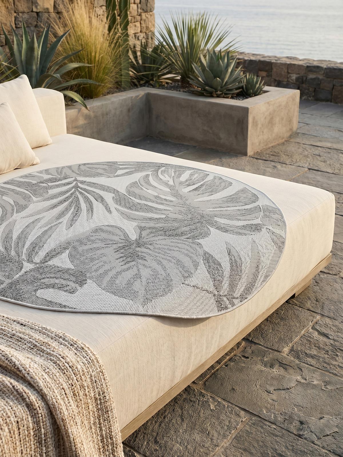 TEPPICH Outdoor VENTOUX in Grau, mit Tropen-Motiv, Ø 120 cm - Grau, Textil (120/120cm) - KADIMA DESIGN