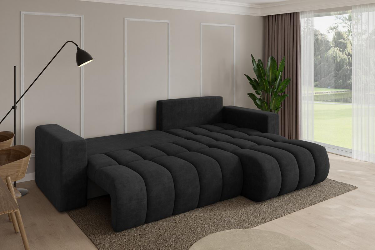 ECKSOFA mit Schlaffunktion Ottomane Rechts MILA-L-v1 277x195x86 Schwarz Velours - Schwarz, Holzwerkstoff/Kunststoff (277/194cm) - ALTDECOR