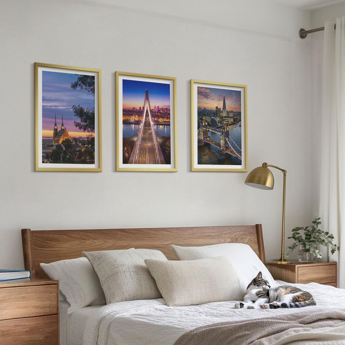 BILDER SET 3er Set - 40x60 cm Goldrahmen - Ausblicke auf Brücken und Sonnenuntergänge - Goldfarben, Kunststoff (40/60cm) - TULUP