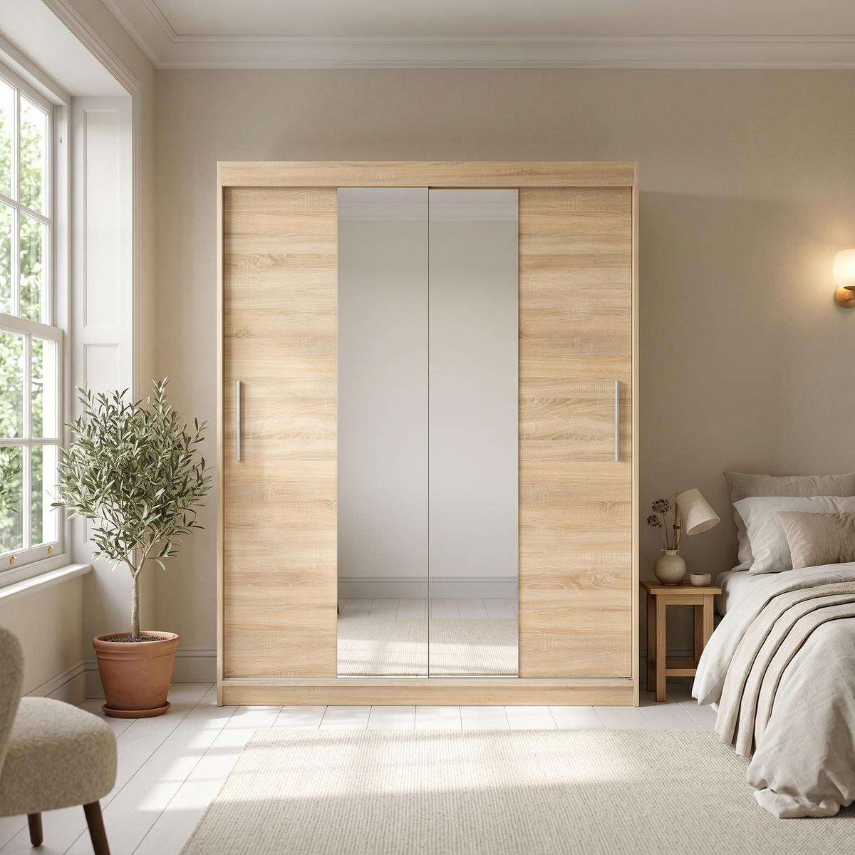 SCHWEBETÜRENSCHRANK VIVA 180/215,5/59cm 2-türig mit Spiegel Sonoma Eiche - Sonoma Eiche, Holzwerkstoff (180/215.5/59cm) - MASSENO