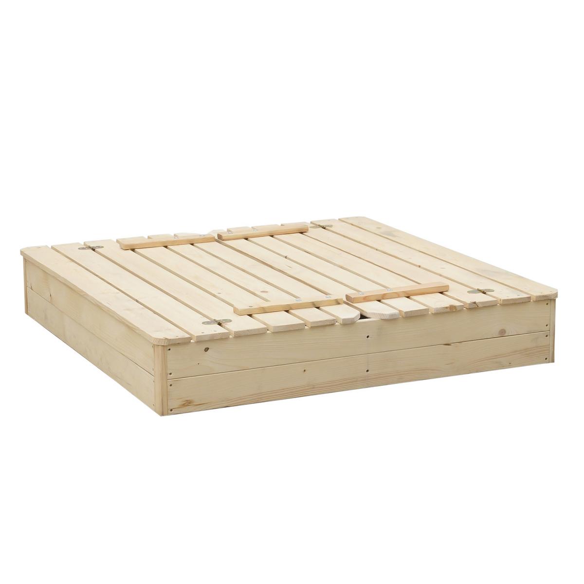 SANDKASTEN aus Holz mit faltbarer Abdeckung und Bank 118 x 122 x H20 - M051-1 - Beige, Holz (122/118/20cm) - Timbela